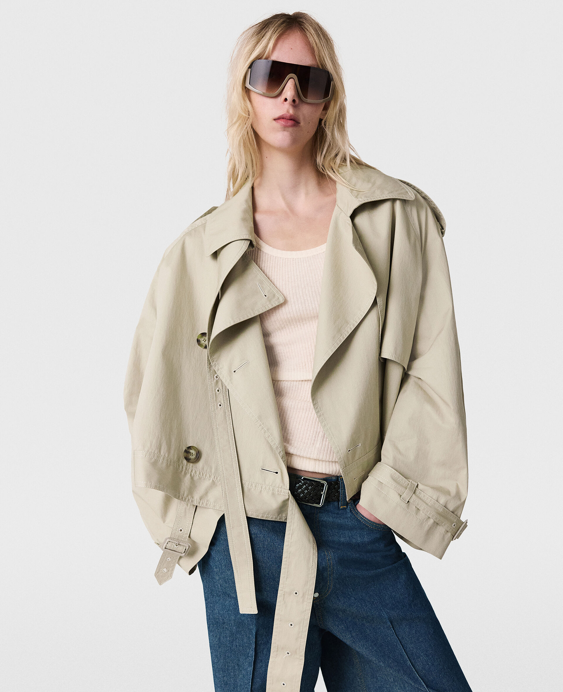 Cropped Belt Detail Trench Jacket-Beige-large image number 1