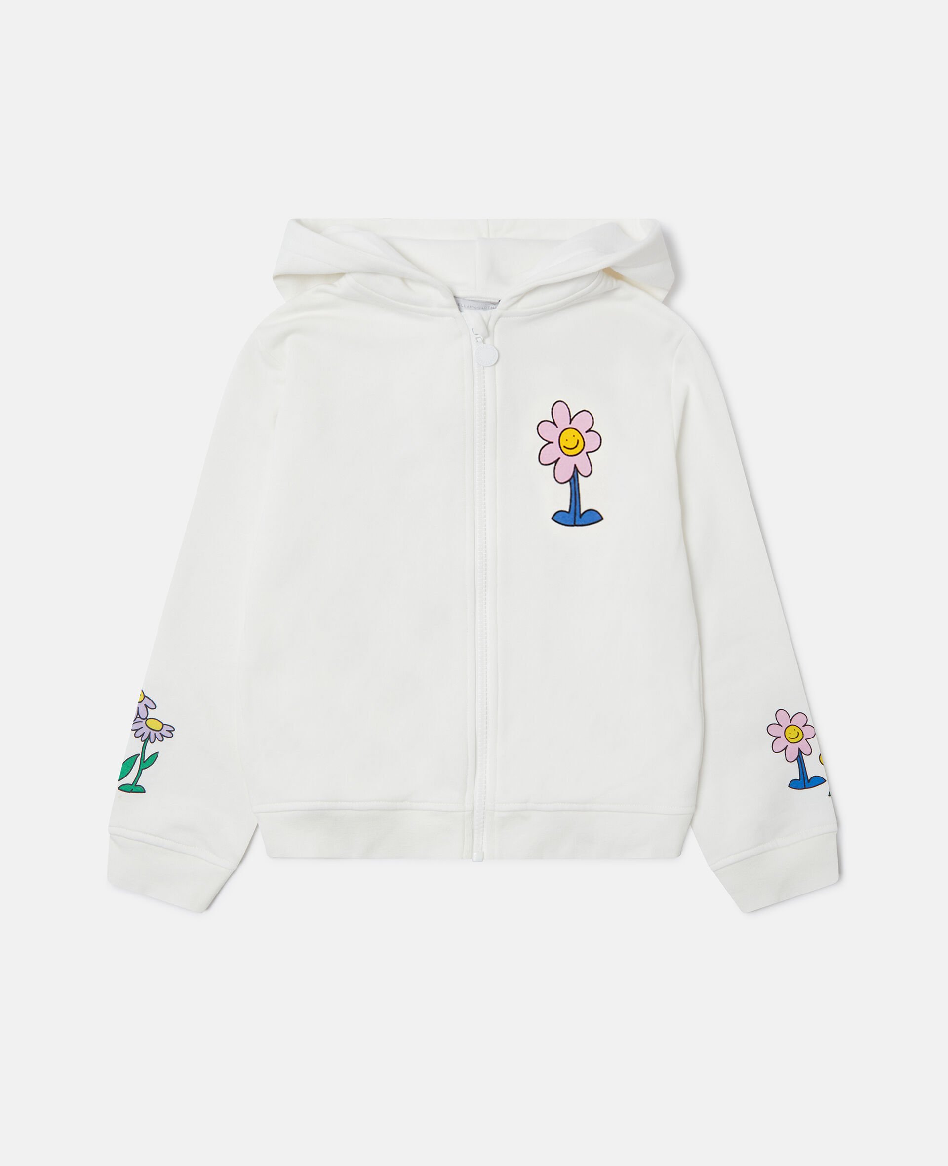 Flower Graphic Zipper-Up Hoodie-White-medium