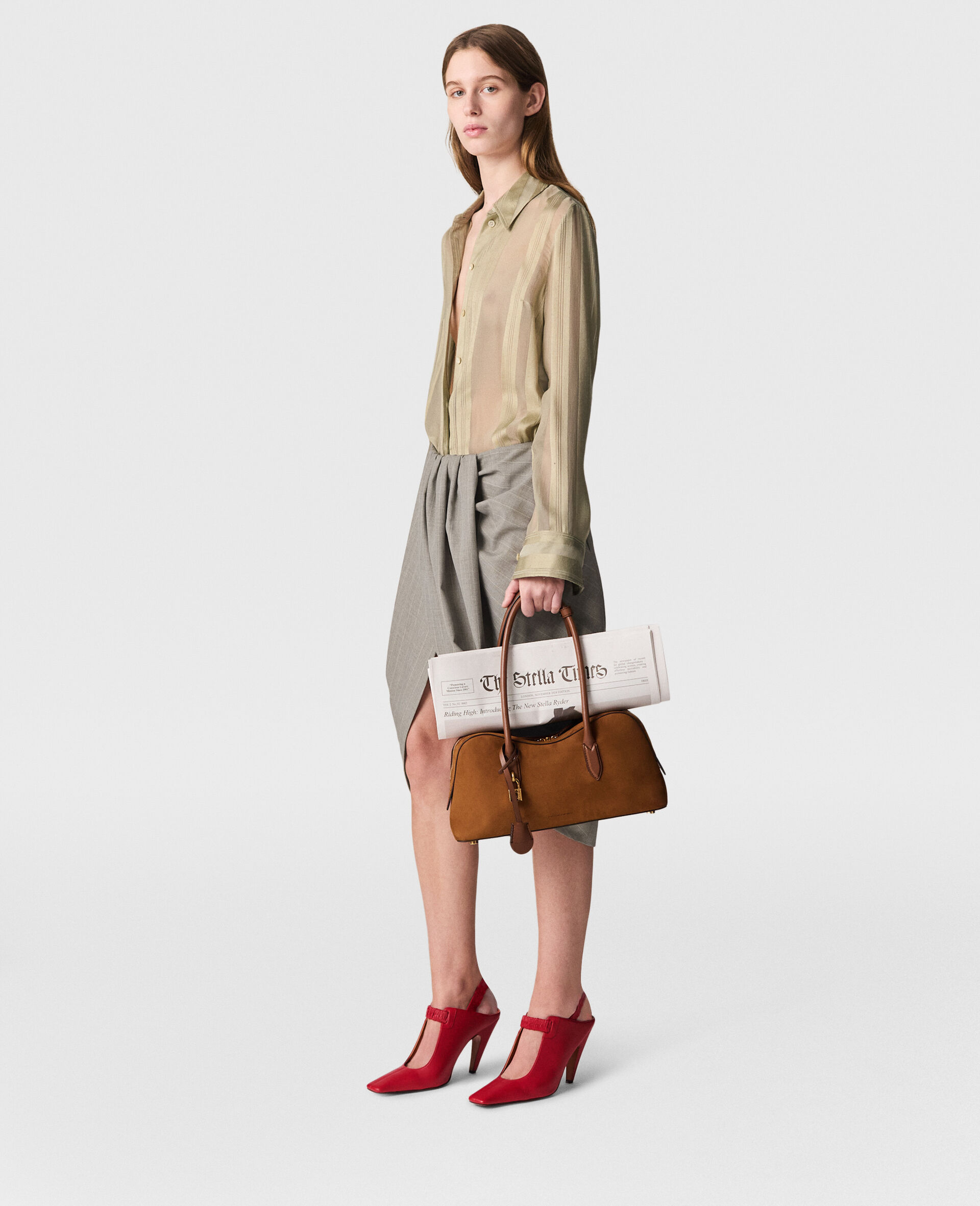 Sheer Striped Paneled Shirt-Beige-large image number 4