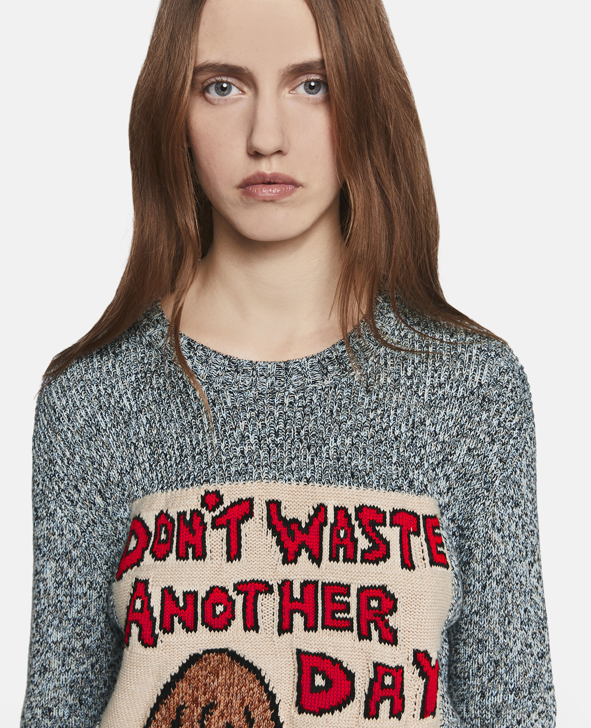 Maglione in maglia di cotone con slogan ’Don’t Waste Another Day’-Blu-large image number 4