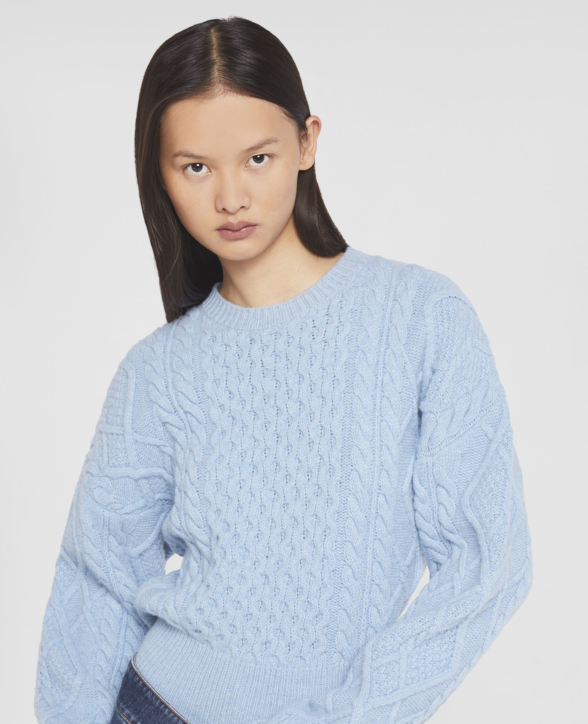 Cable Knit Wool Jumper-Blue-large image number 3