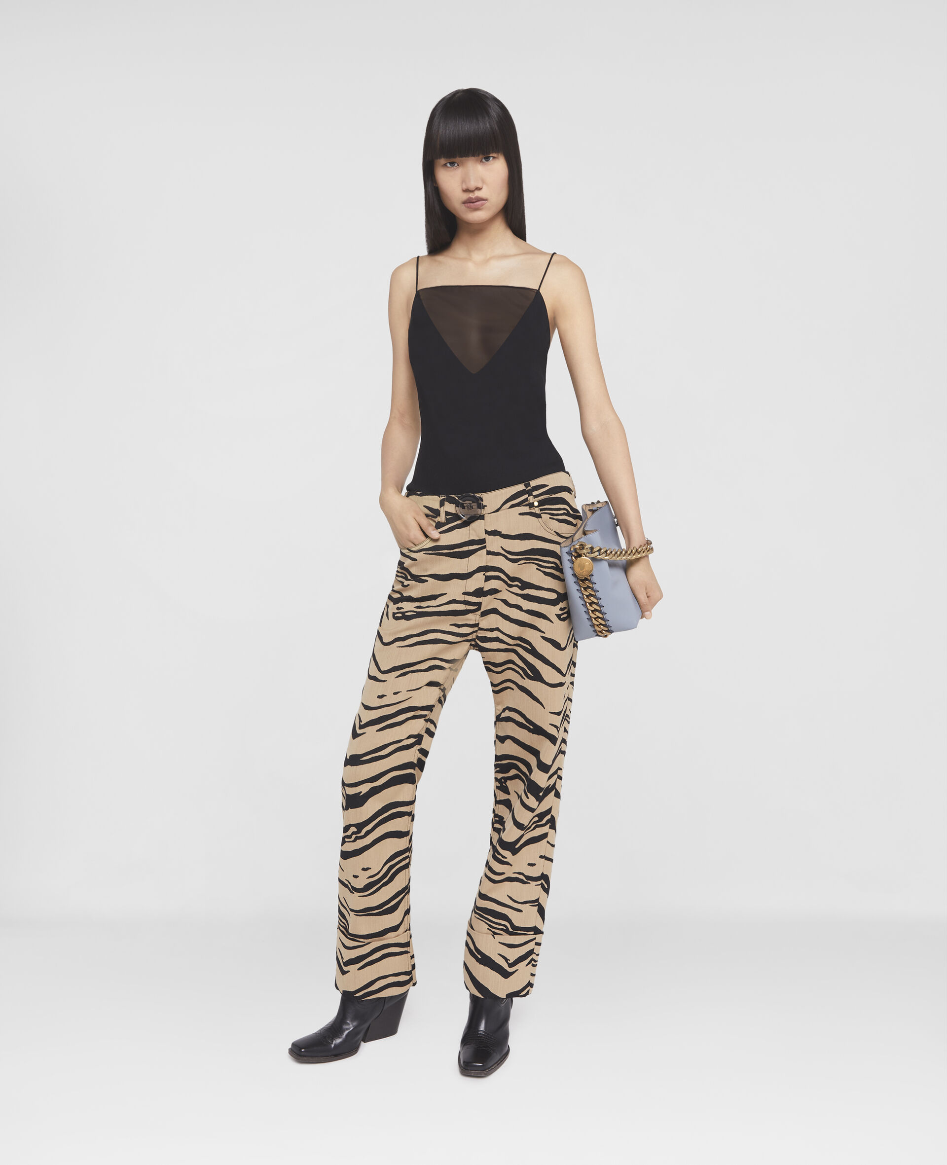 Tiger Print Cropped Jacquard Trousers-Beige-large image number 1