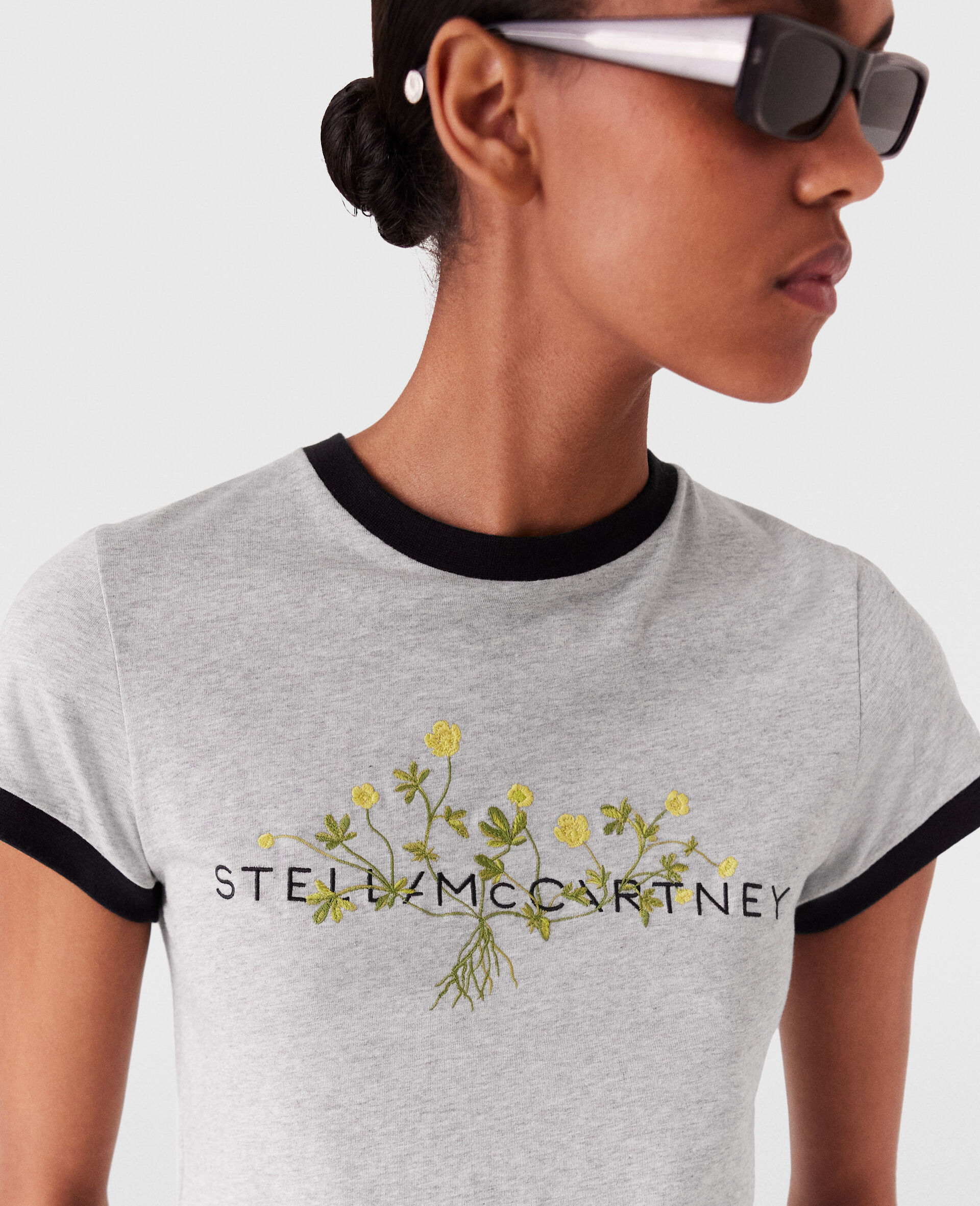 Logo Floral Embroidered T-Shirt-Grey-large image number 2