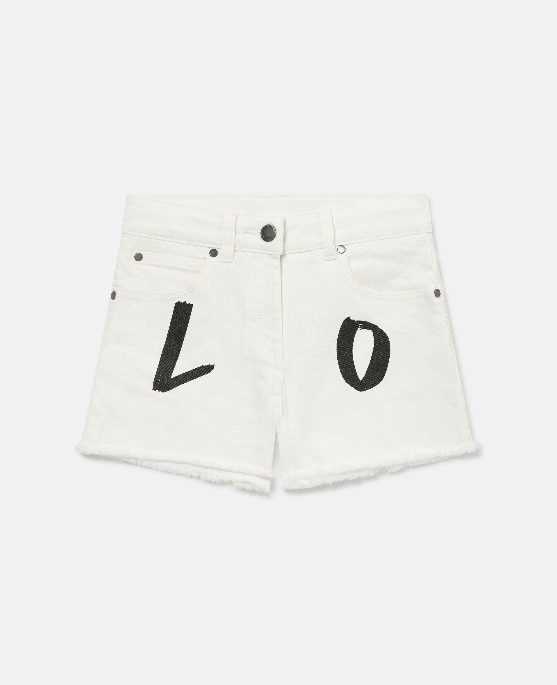 Love Print Denim Shorts -White-large