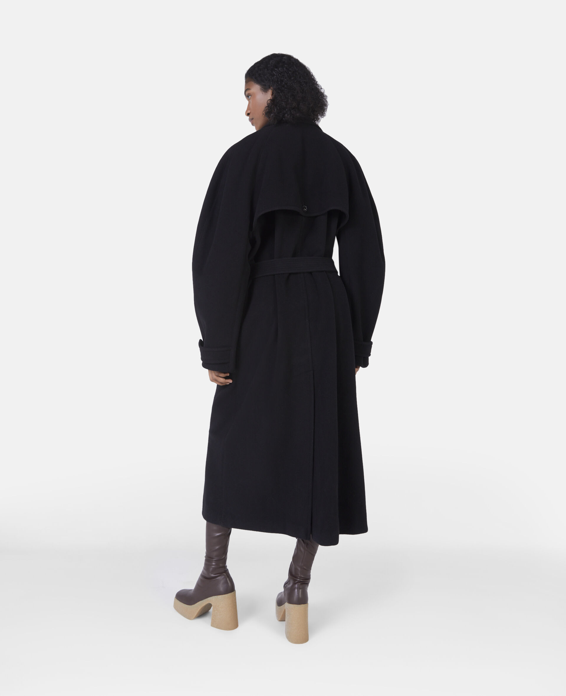 Banana Sleeve Belted Long Coat-Black-large image number 2
