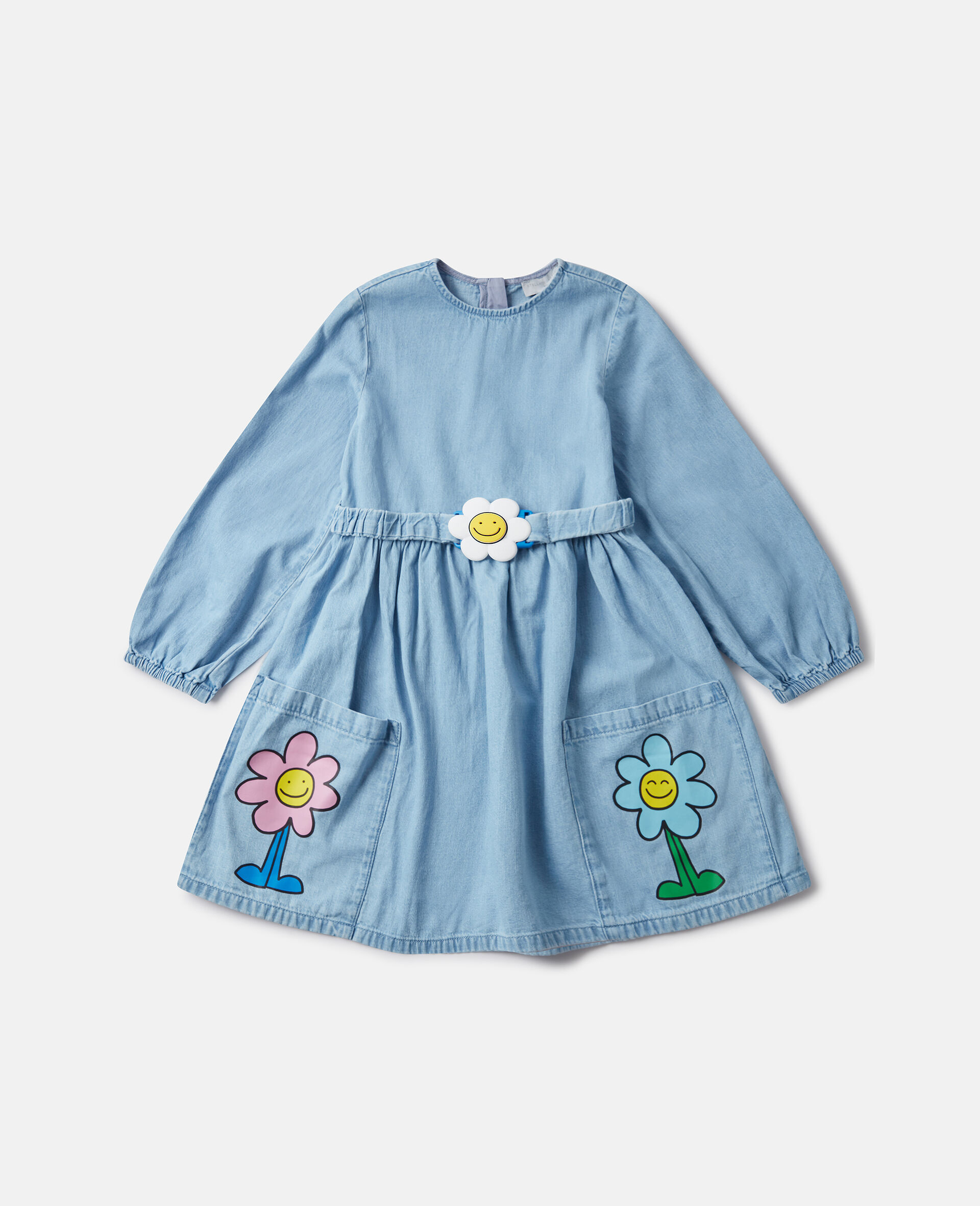 Flower Graphic Buckle Long-Sleeve Dress-Blue-medium