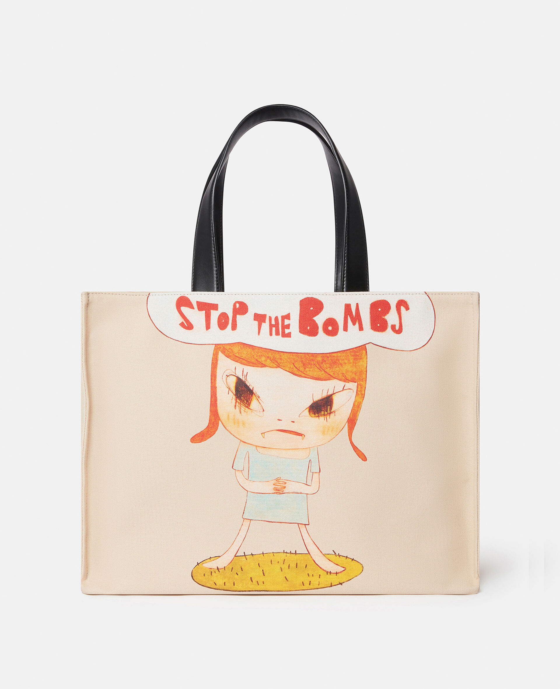 Borsa tote in tela di cotone con stampa Stop the Bombs-Beige-large image number 0