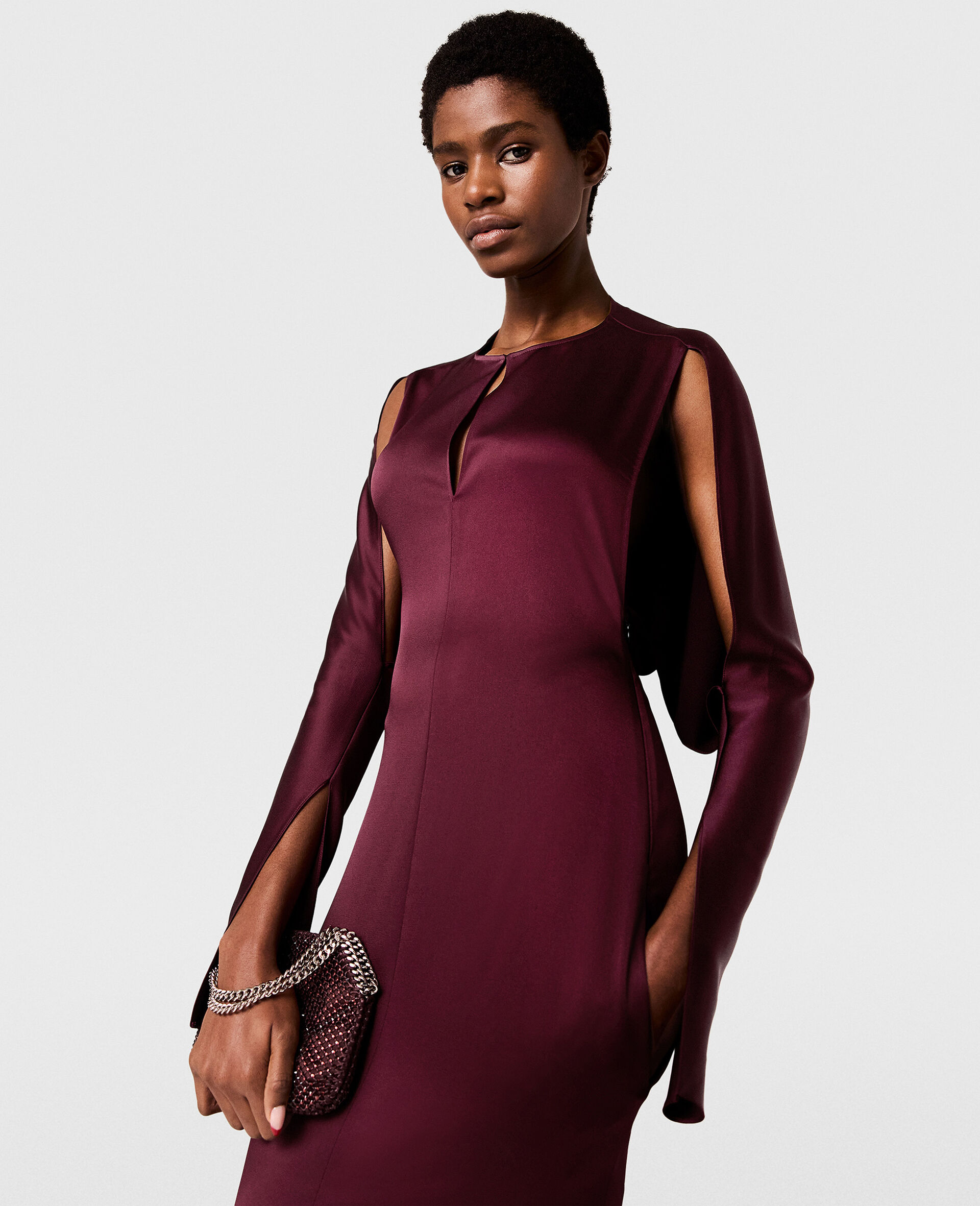 Cape-Sleeve Cut-Out Satin Midi Dress-Red-large image number 5