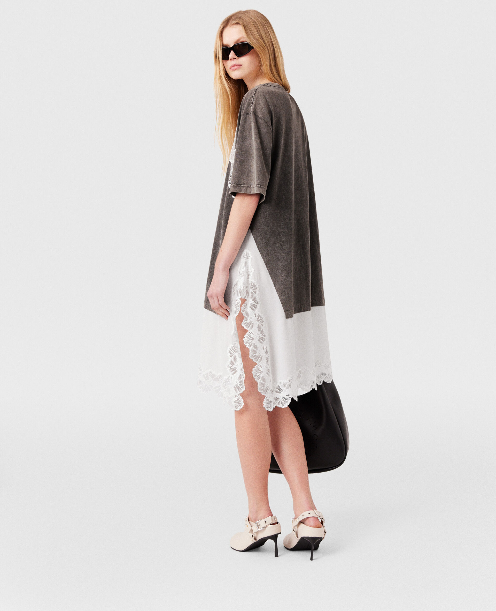 Robe midi t shirt a empiecements en dentelle-Gris-large image number 5