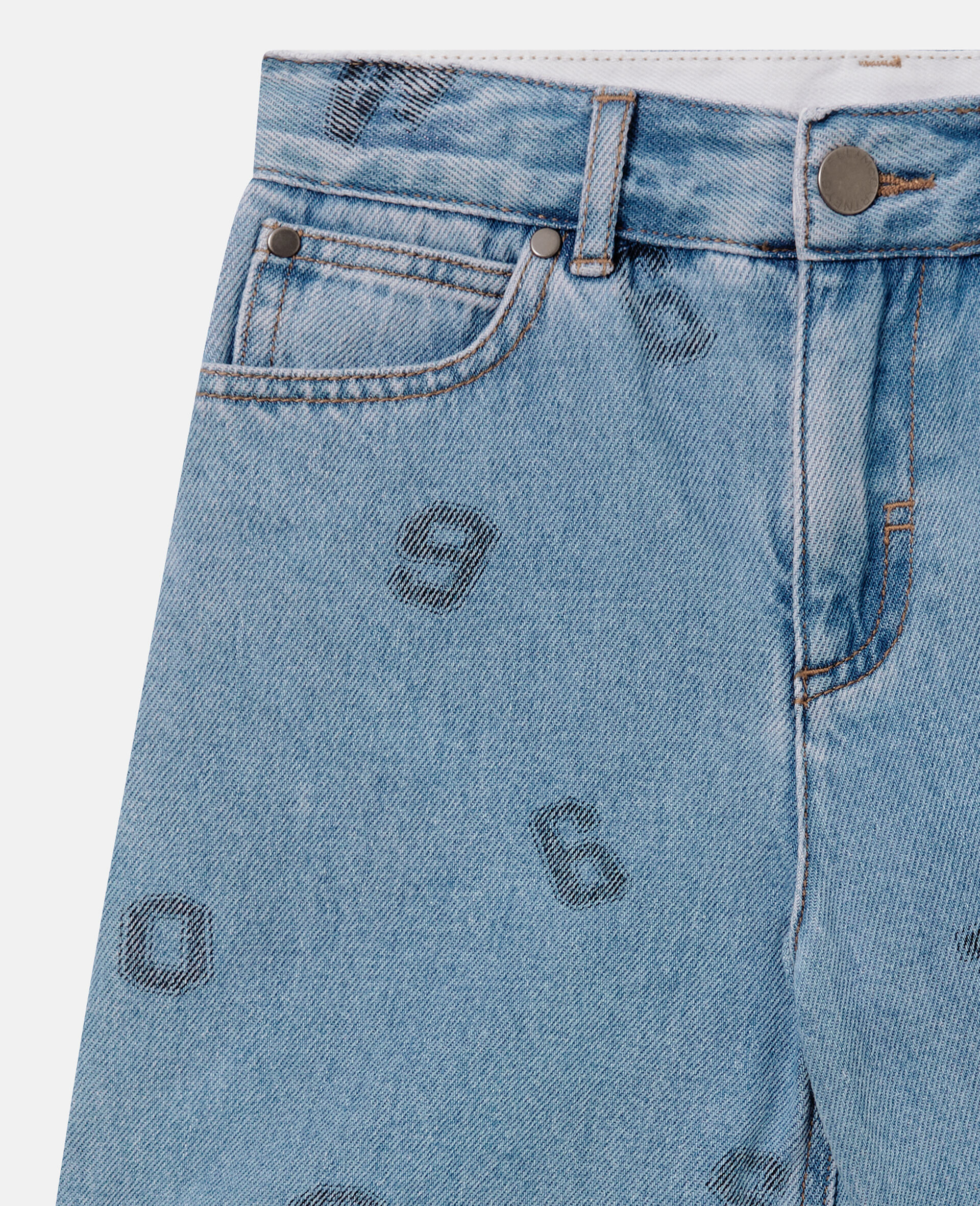 Numbers Print Denim Shorts-Blue-medium