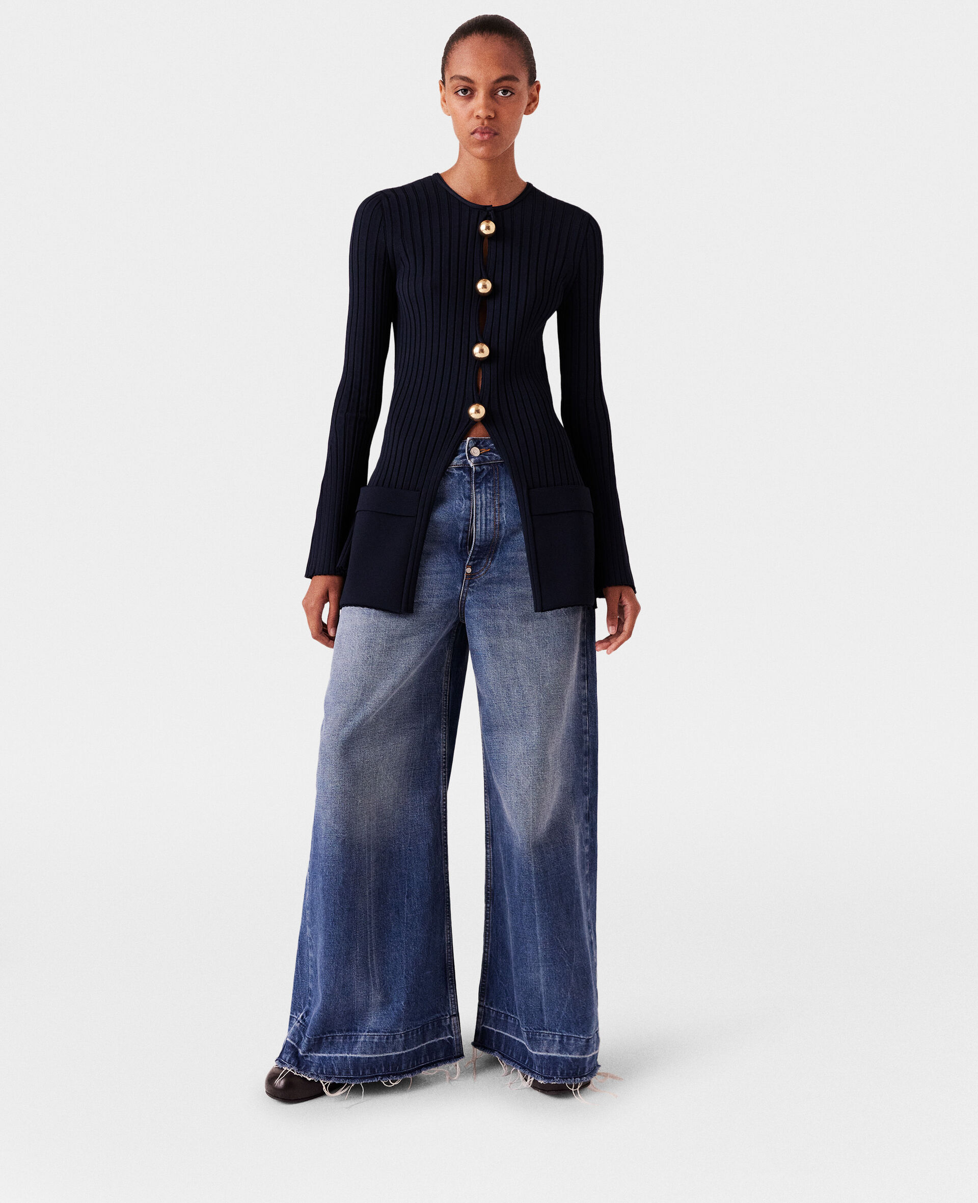 Ribbed Long Sleeve Cardigan-Blue-large image number 5