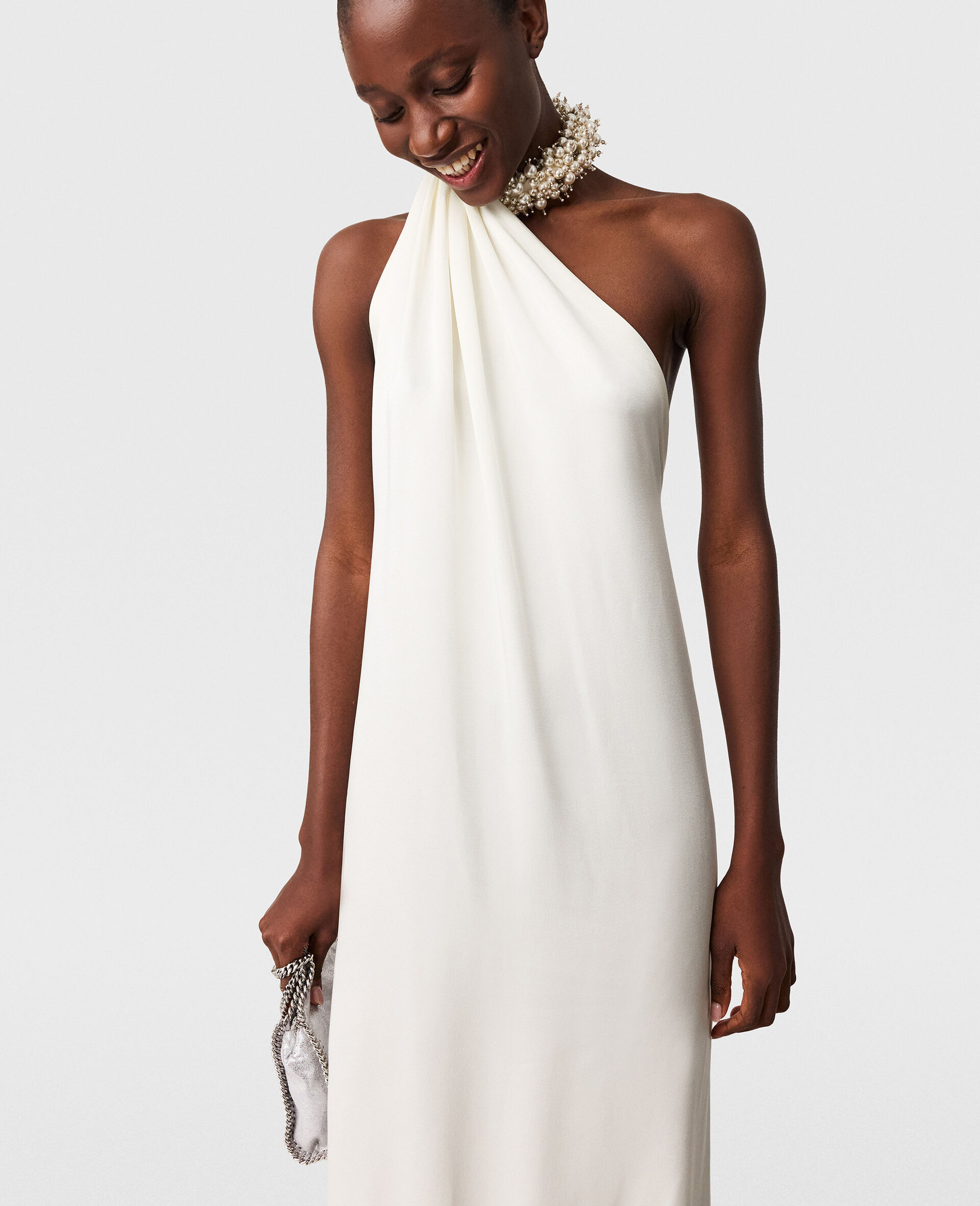 Embellished Halterneck Asymmetric Satin Dress -Cream-large image number 3