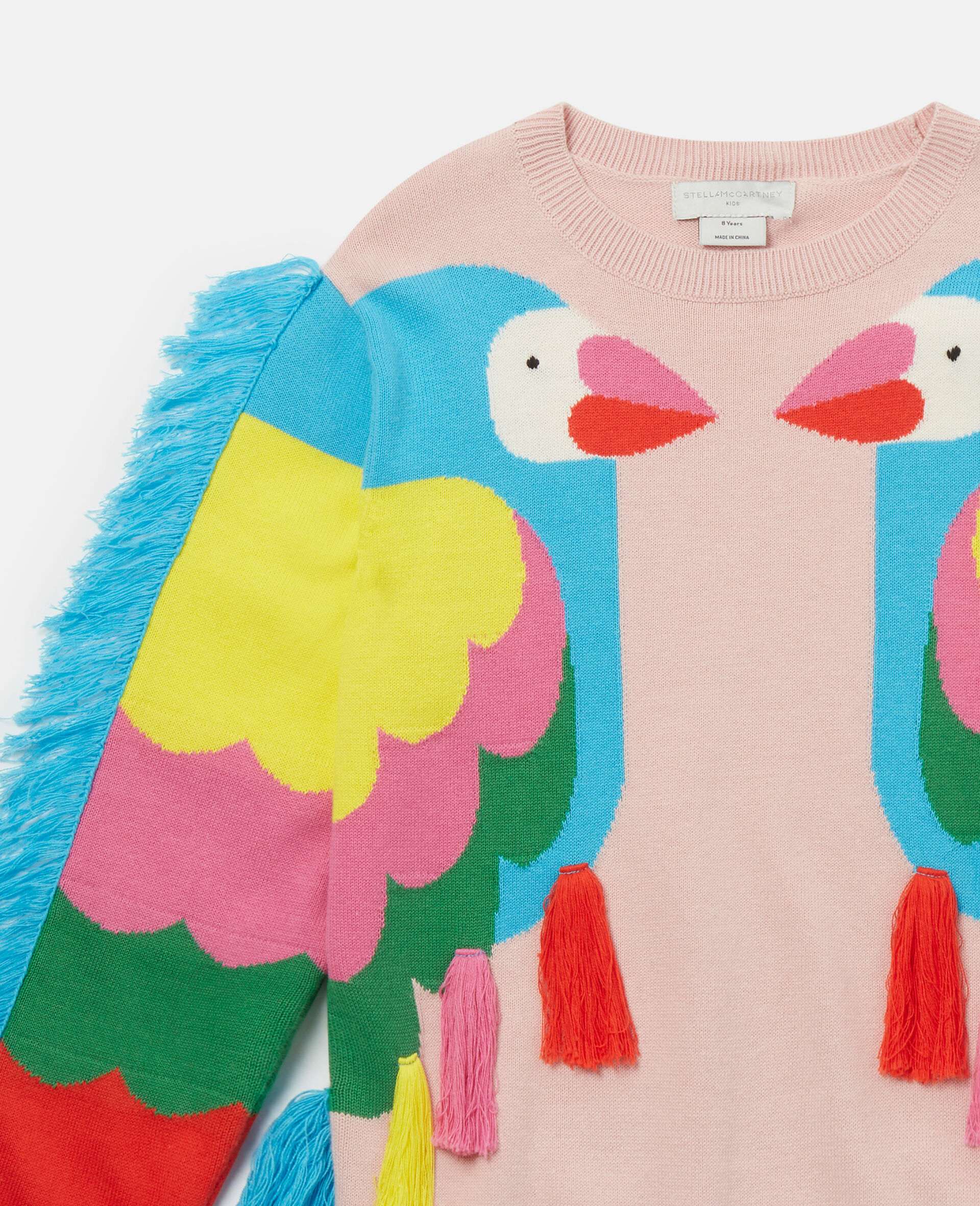 Double Parrot Intarsia Knit Fringed Jumper-Pink-large image number 1