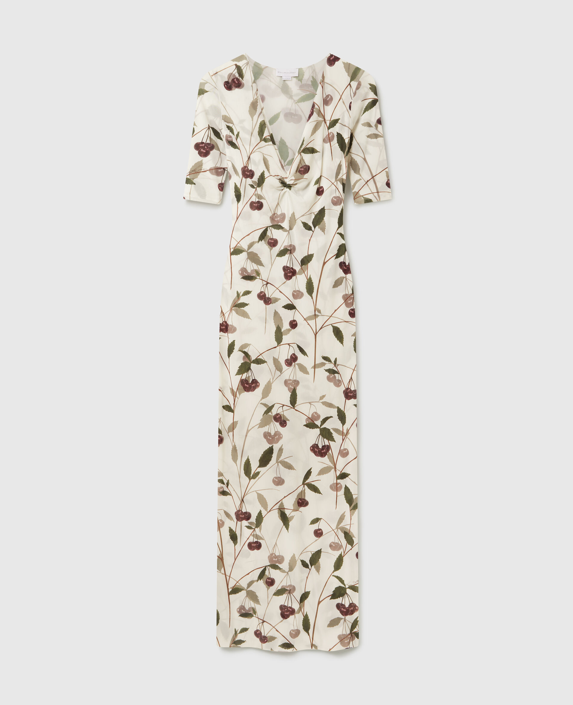 Cherry Print Mesh Half Sleeve Midi Dress-Beige-medium