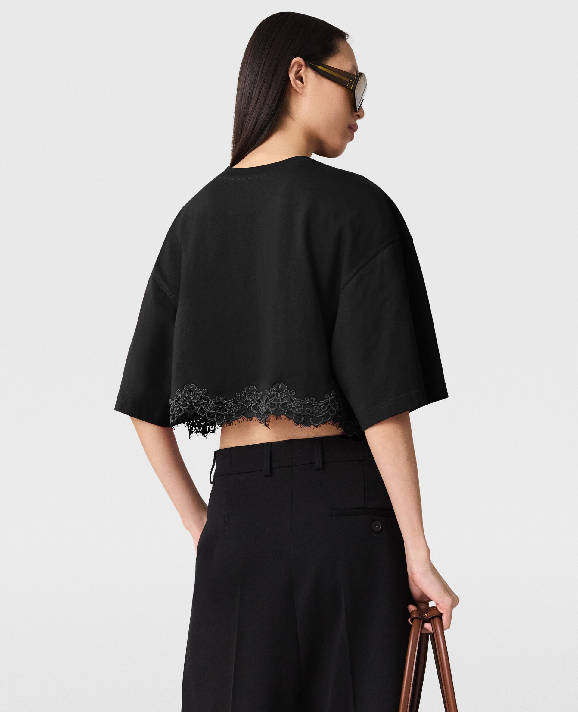 Lace Insert Cropped T-Shirt-Black-large image number 3