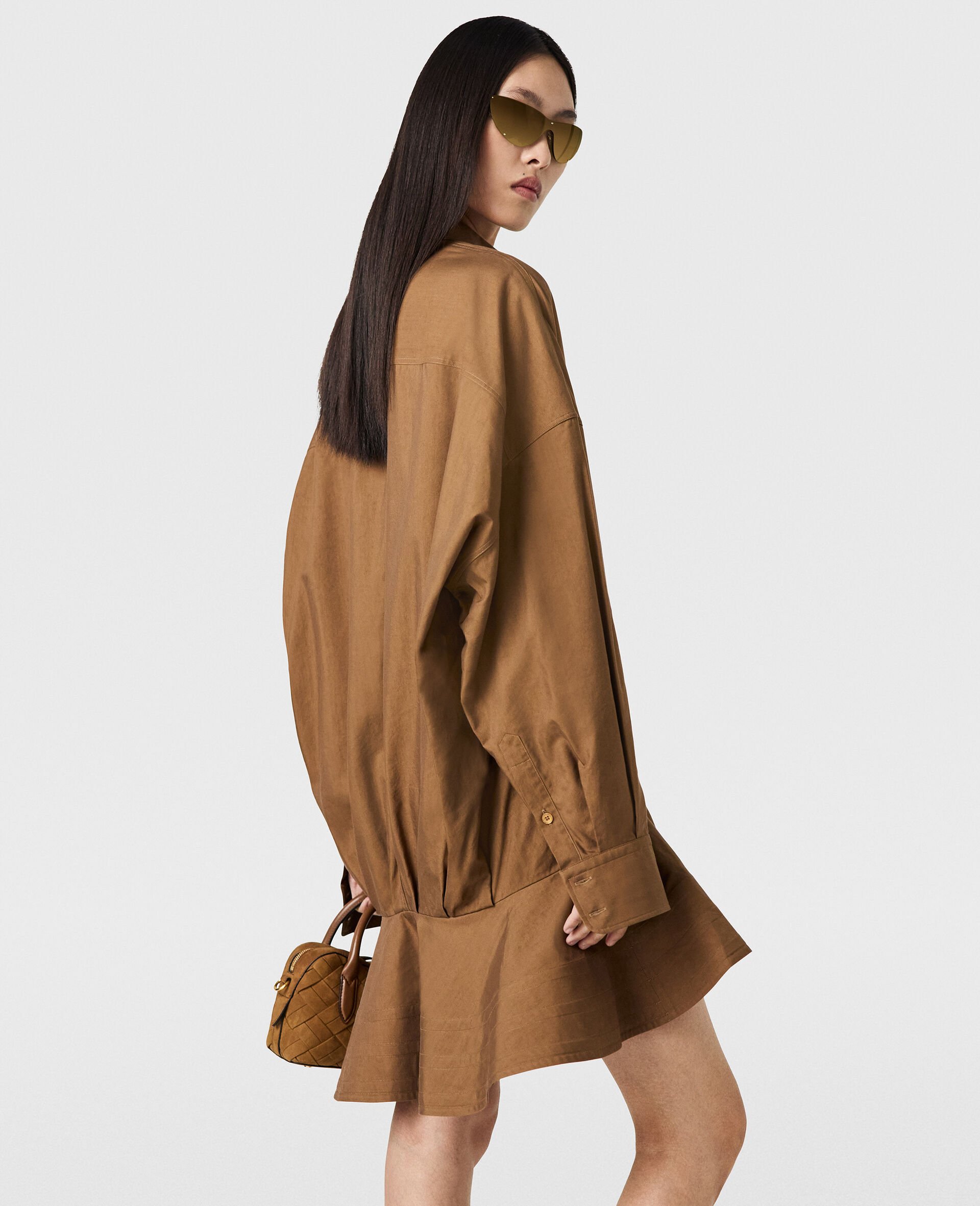 Washed Cotton Peplum Shirt Dress-Brown-medium