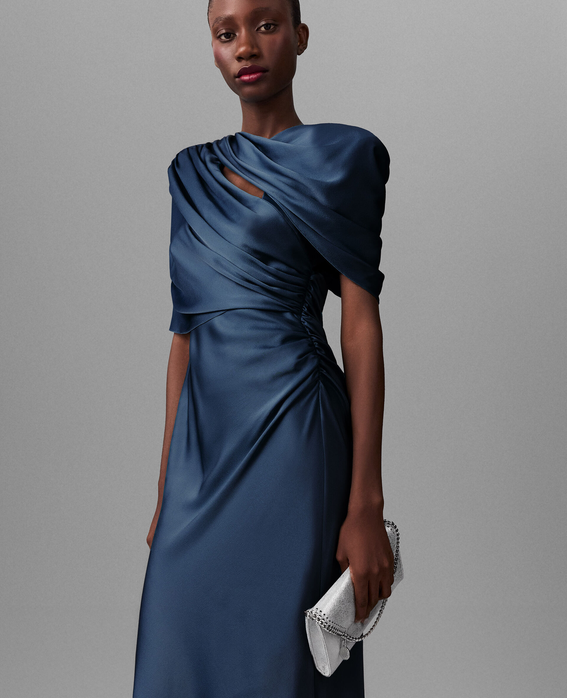Satin Wrapped Short-Sleeve Maxi Dress-Blue-large image number 5