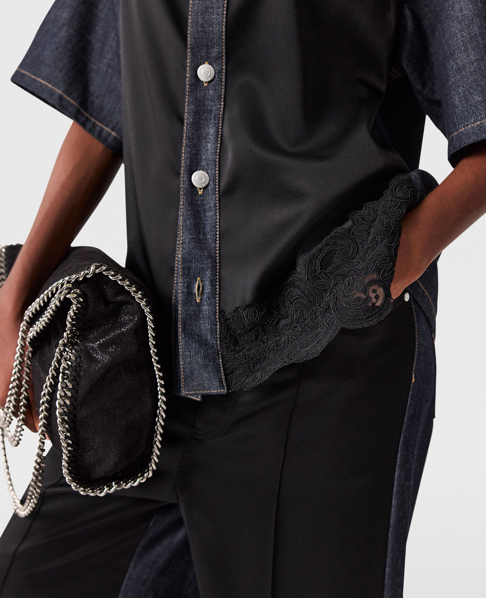 Camicia in Denim a Maniche Corte con Pannelli in Raso -Blu-large image number 3