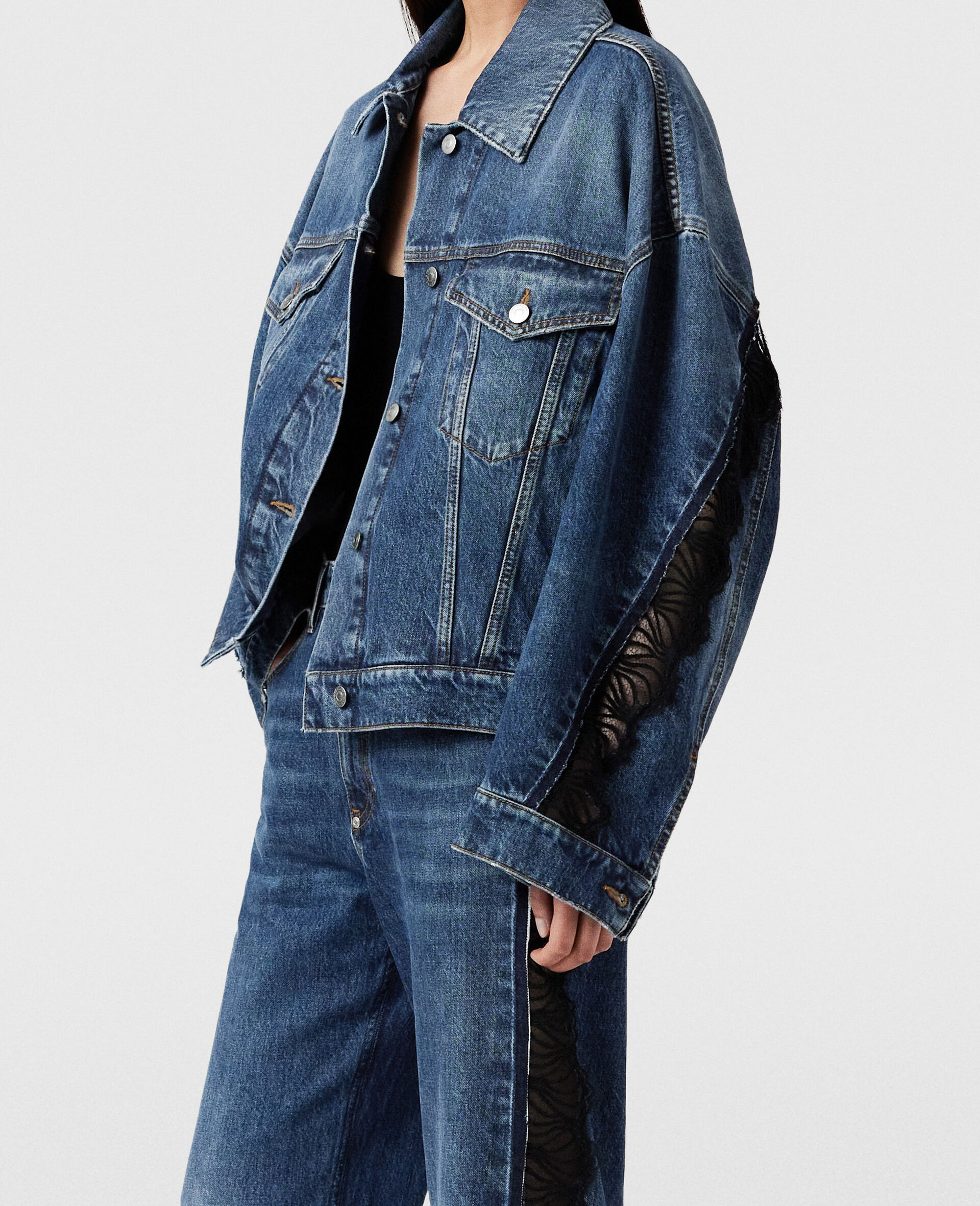 Lace-Insert Denim Jacket-Blue-large image number 5