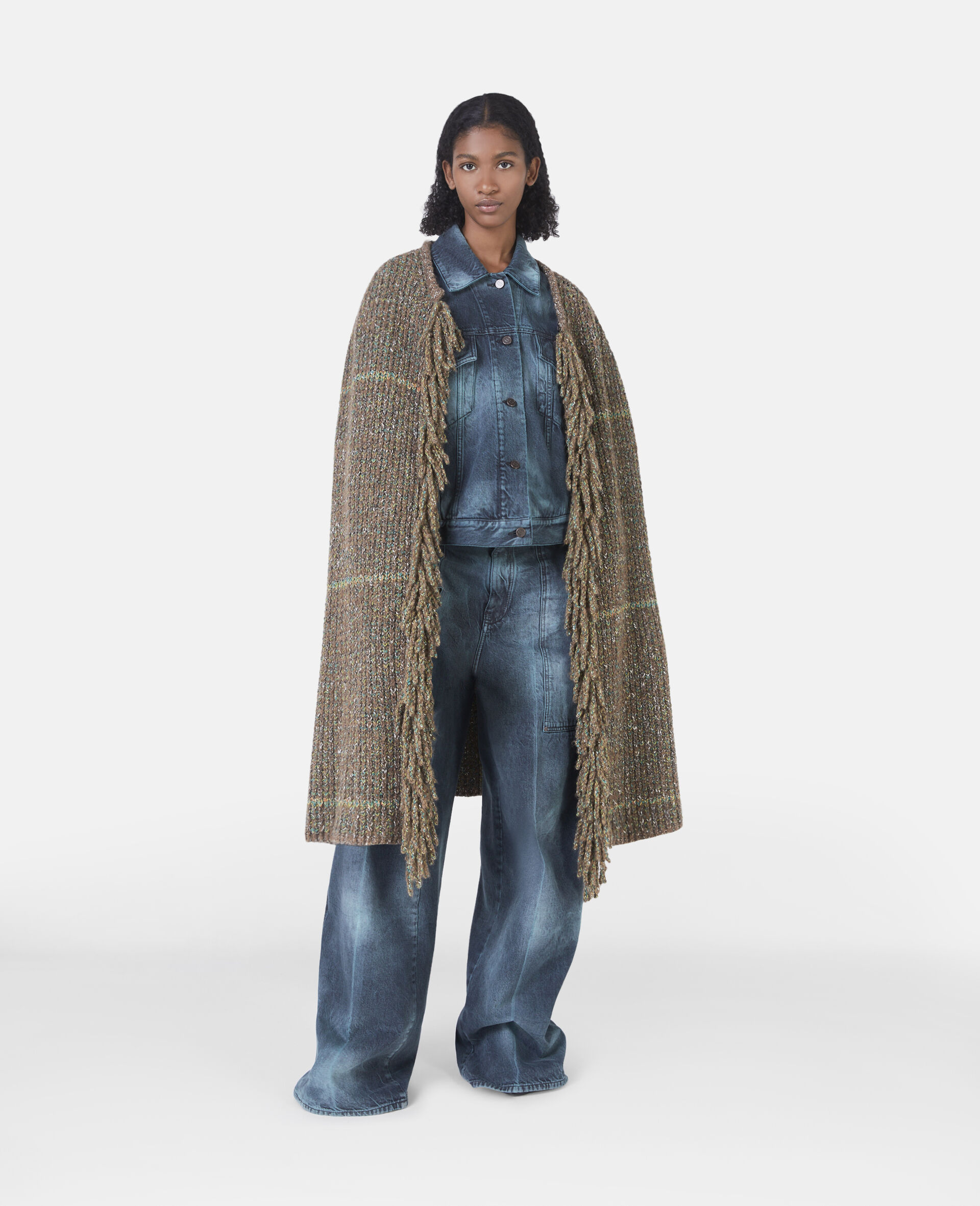 Manteau cape en maille tweed-Marron-model