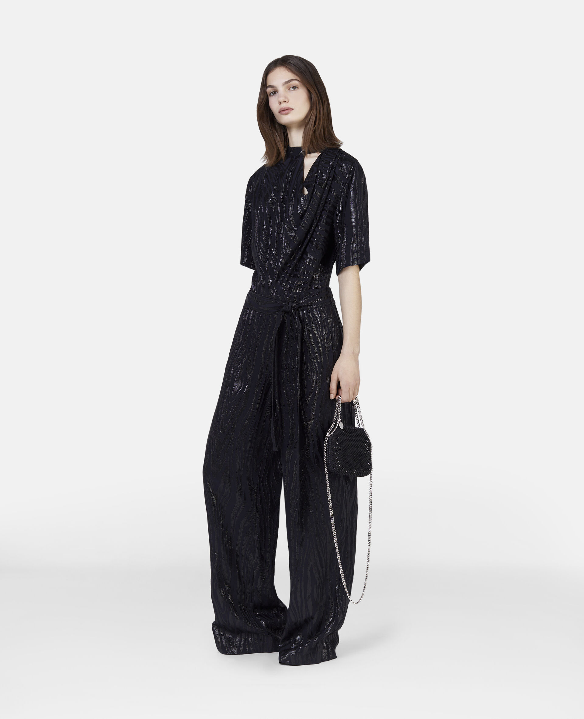 Woodgrain Print Lurex Jumpsuit-Black-large image number 1