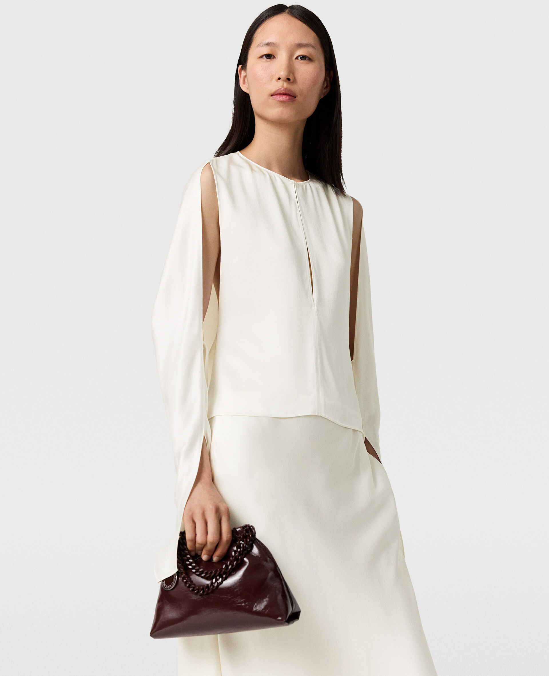 Cape-Sleeve Cut-Out Satin Top-Cream-large image number 2