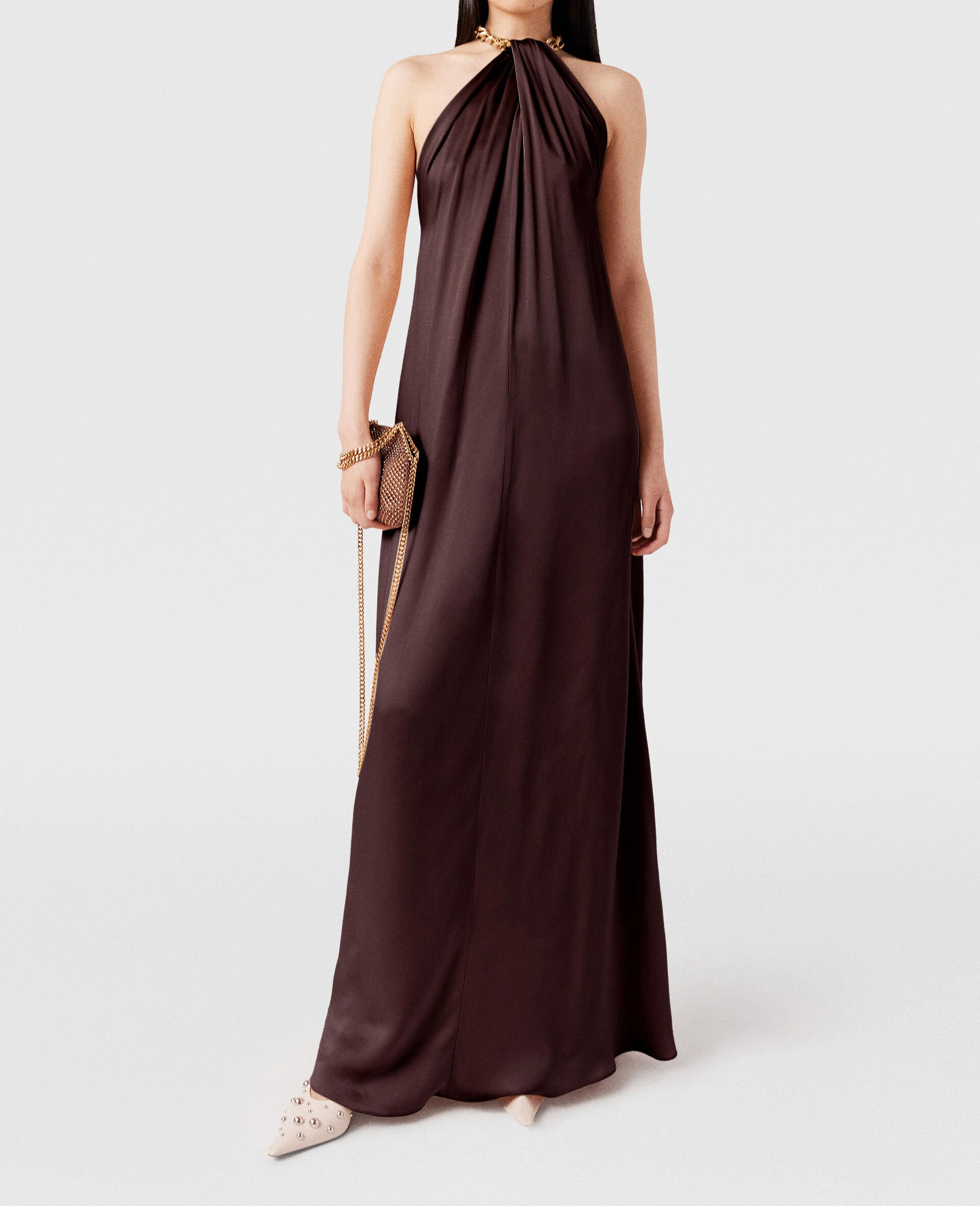 Chain Halterneck Satin Maxi Dress-Brown-model