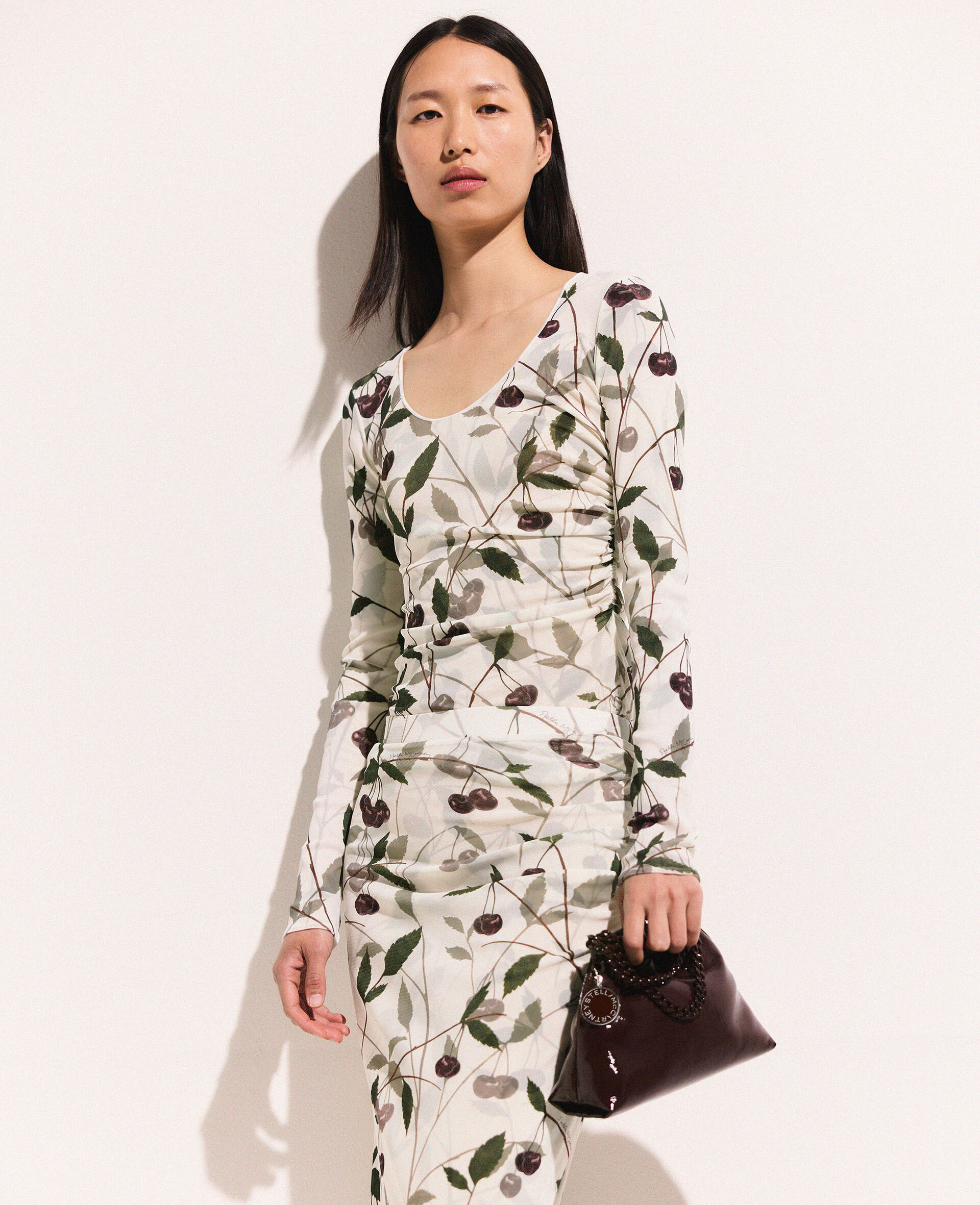 Cherry Print Mesh Long Sleeve Top-Beige-model