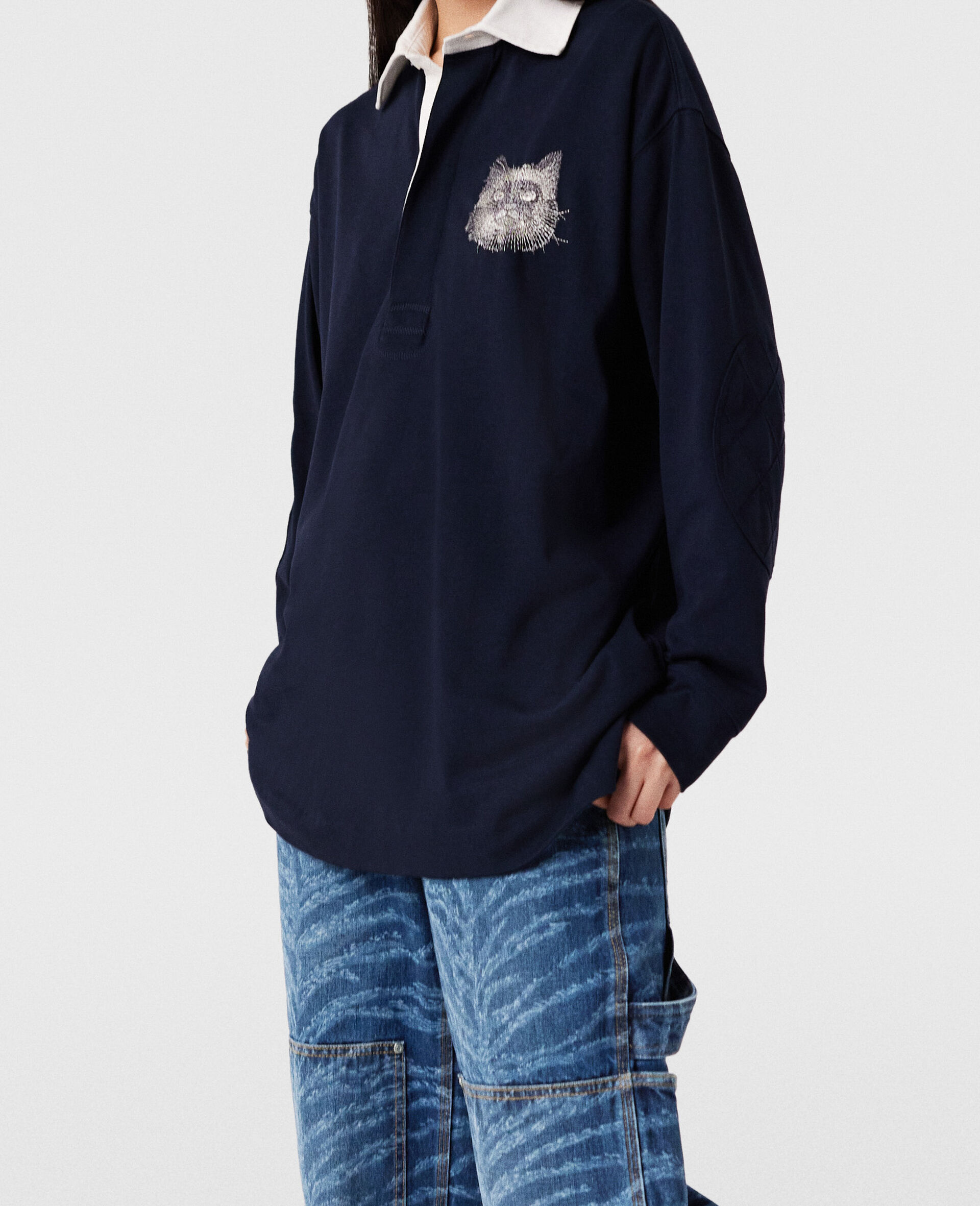 Cat-Embroidered Sweatshirt Dress-Blue-large image number 2