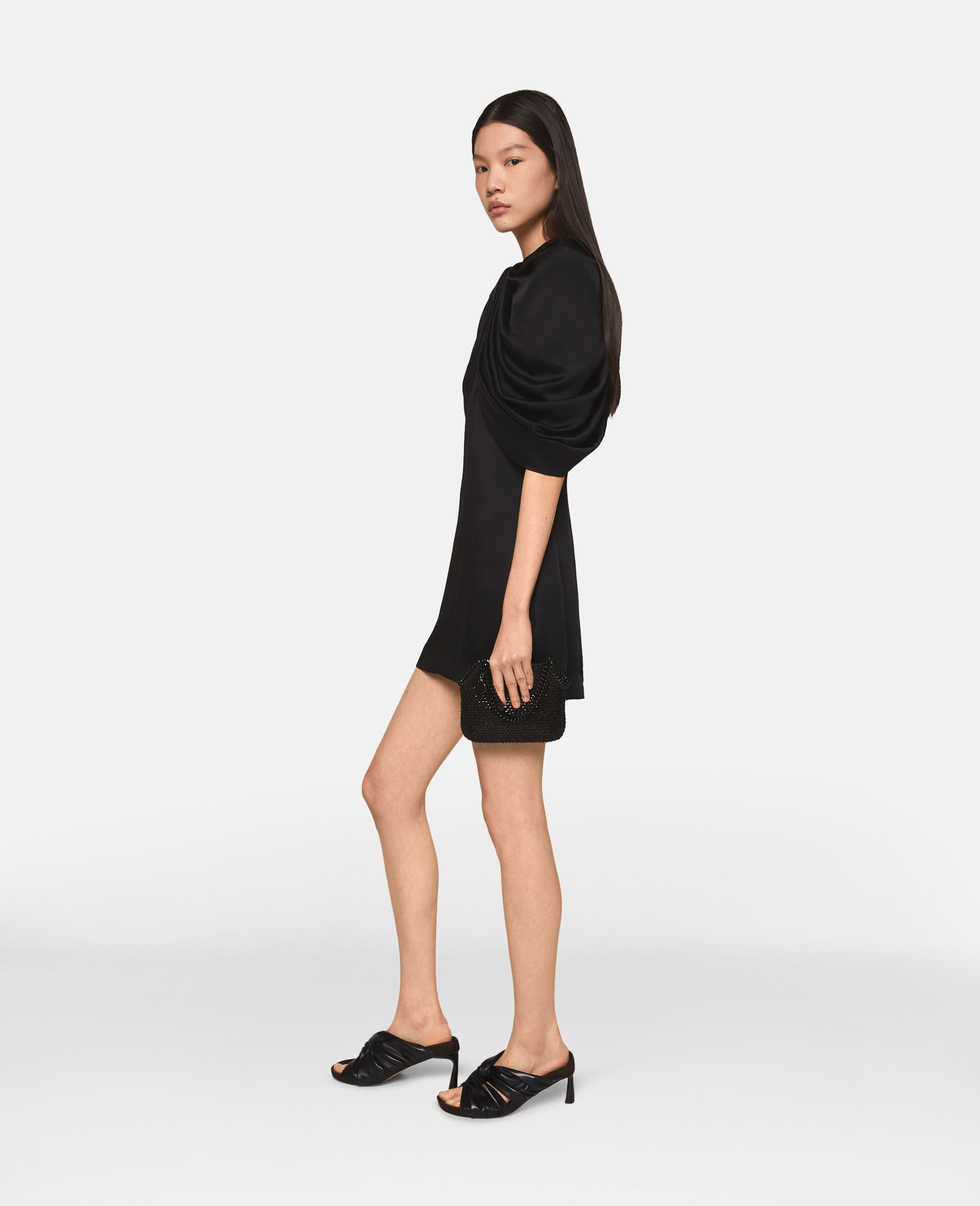 Draped Satin Mini Dress-Black-large image number 2