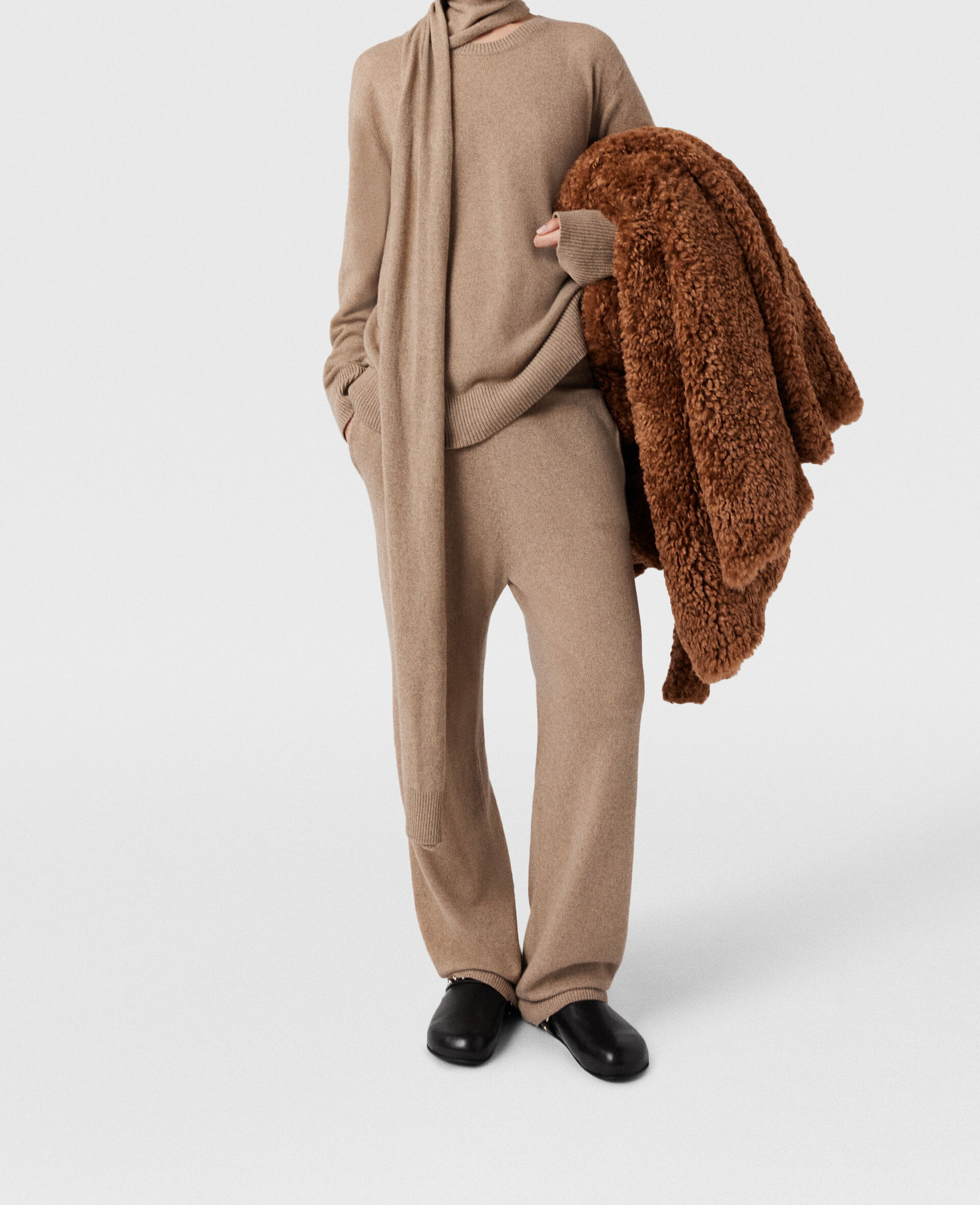 Scarf Detail Long Sleeve Jumper-Beige-large image number 4