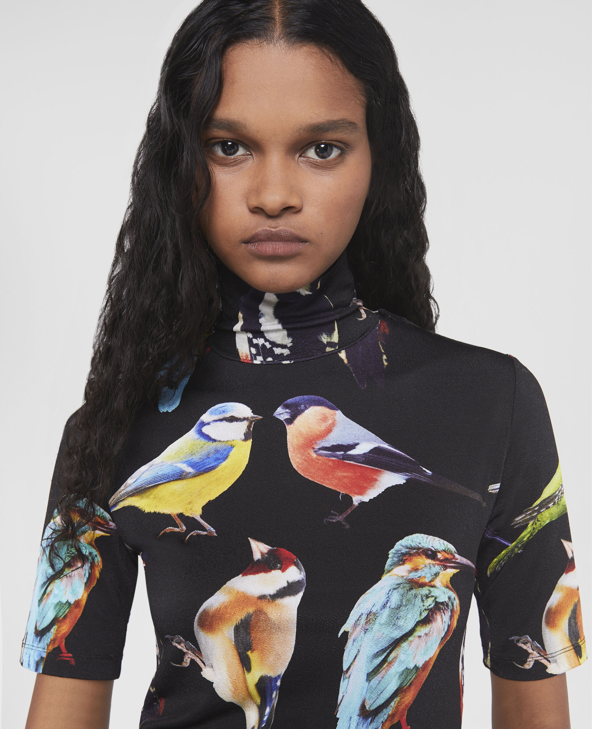 Bird Crest Print Stretch Top-Black-large image number 3