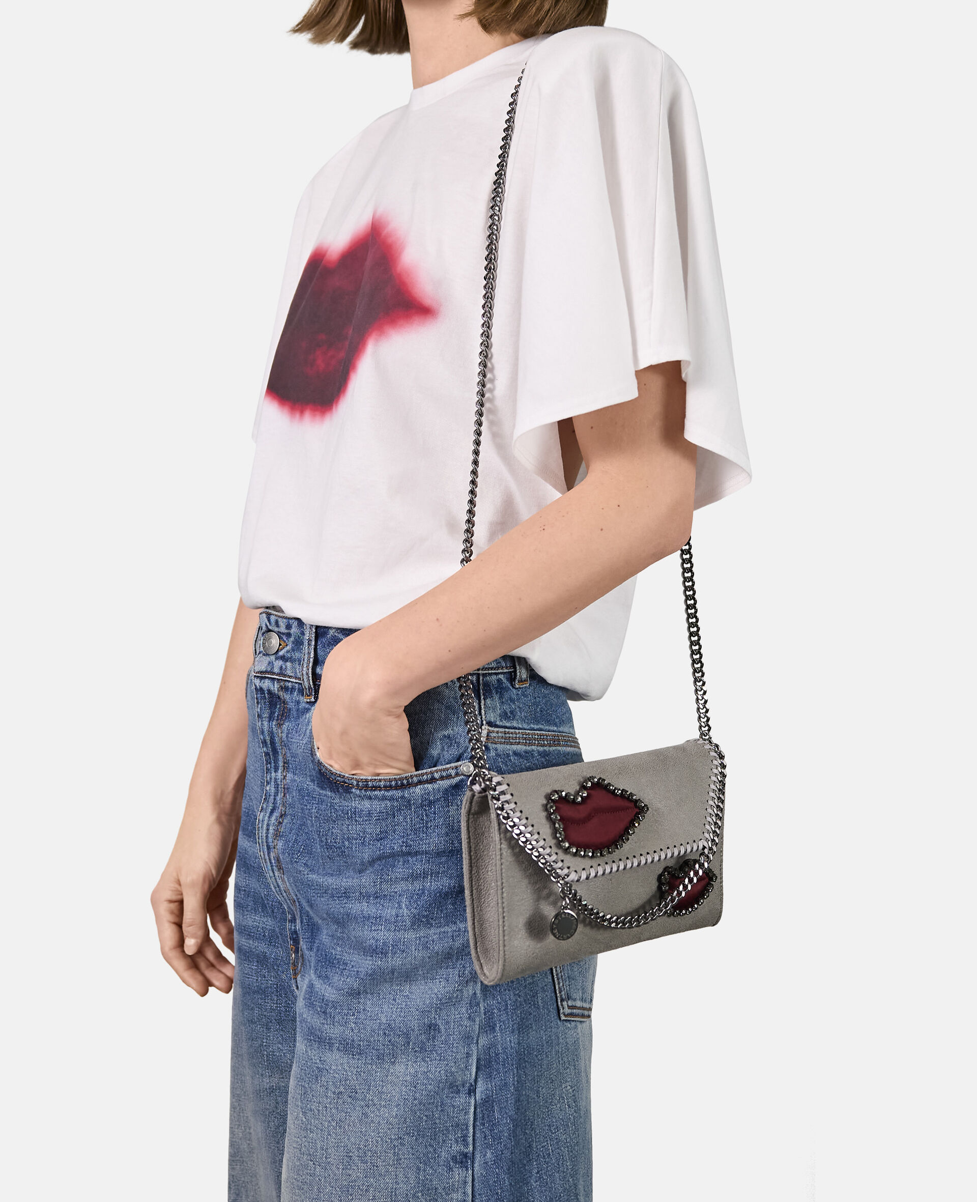 Falabella Lips Wallet Crossbody Bag-Grey-model
