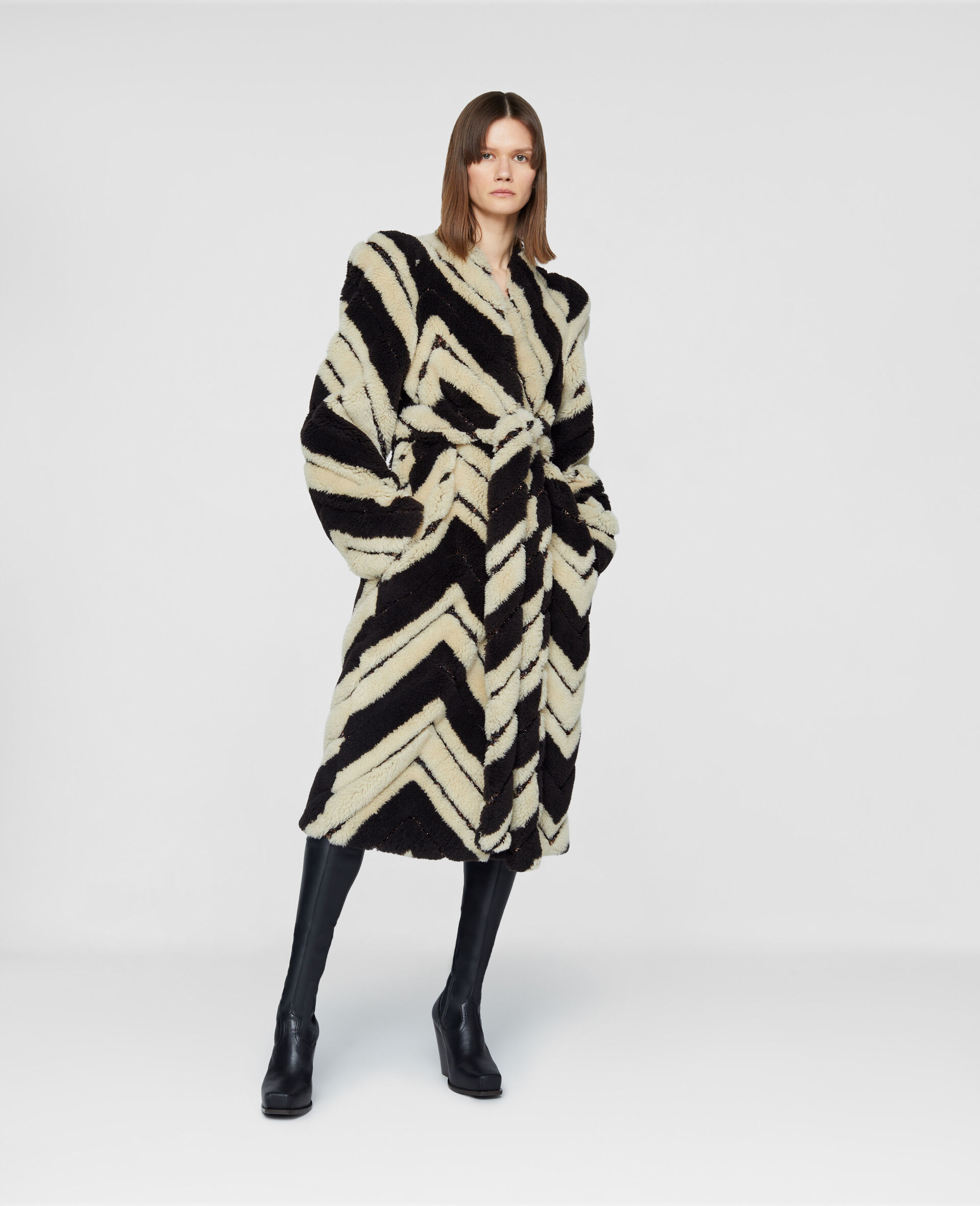 Stella by Stella V Series Striped Fur Free Fur Belted Coat-Brown-large image number 1