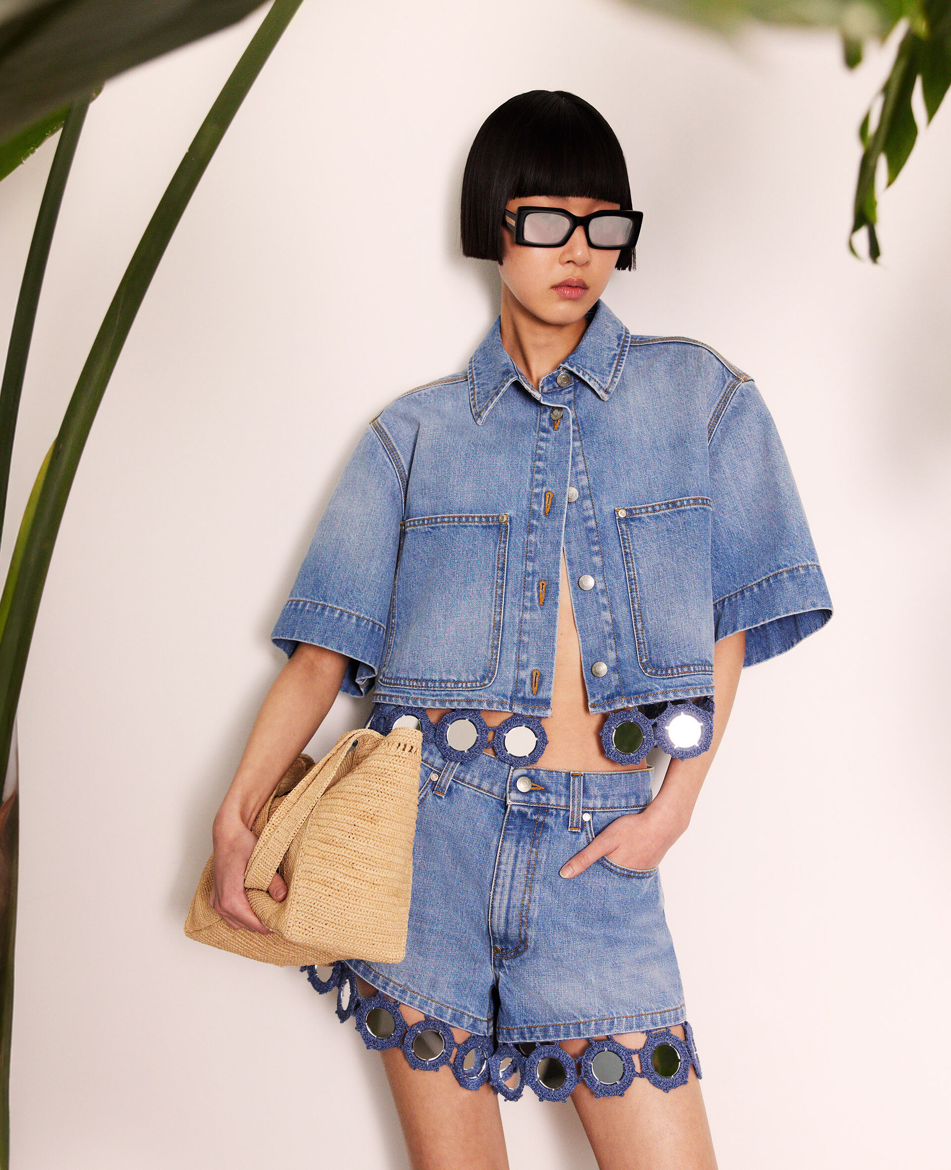 Mirror Crochet Boxy Shirt-Blue-large image number 6