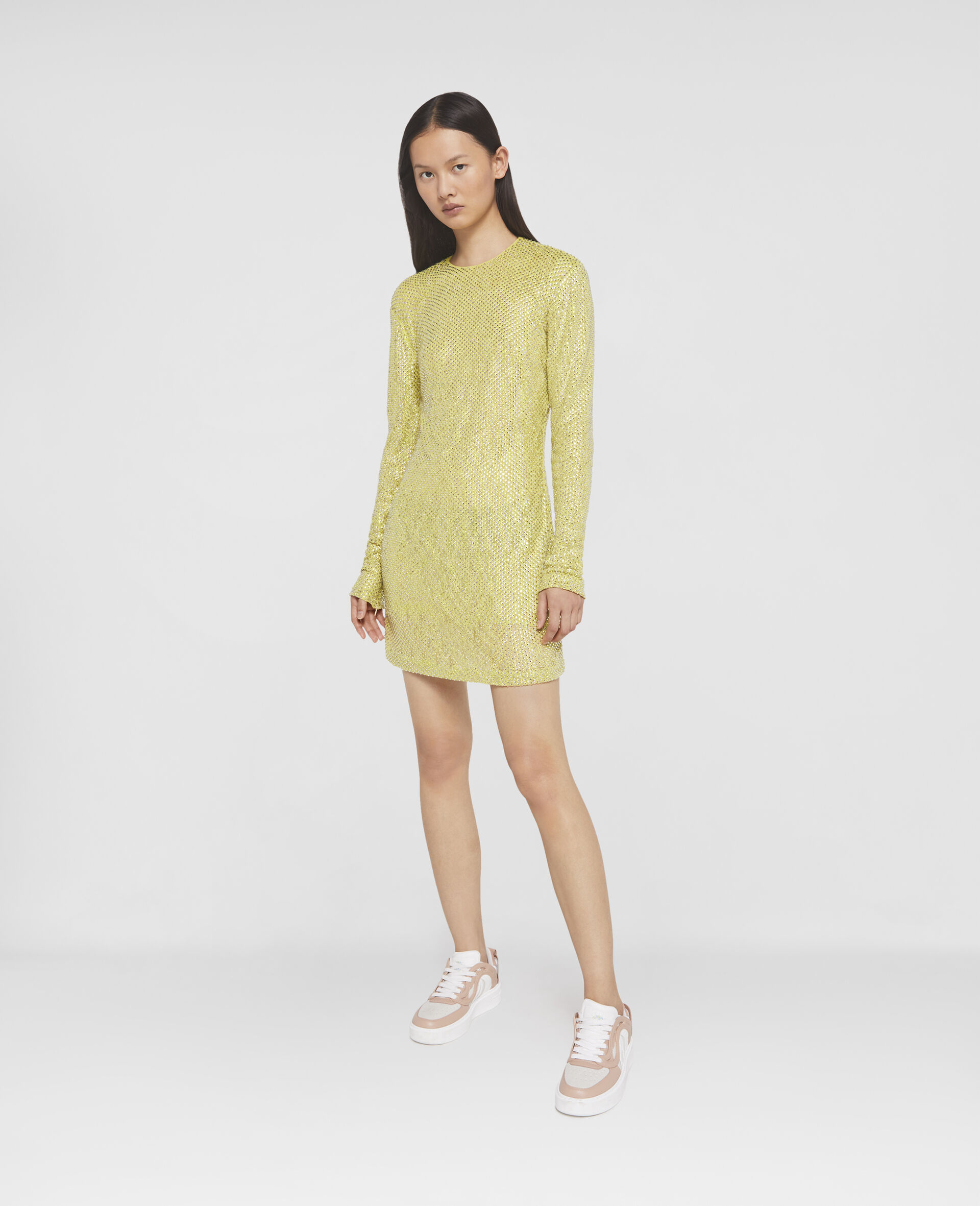 Crystal Lace Long-Sleeved Mini Dress-Green-model