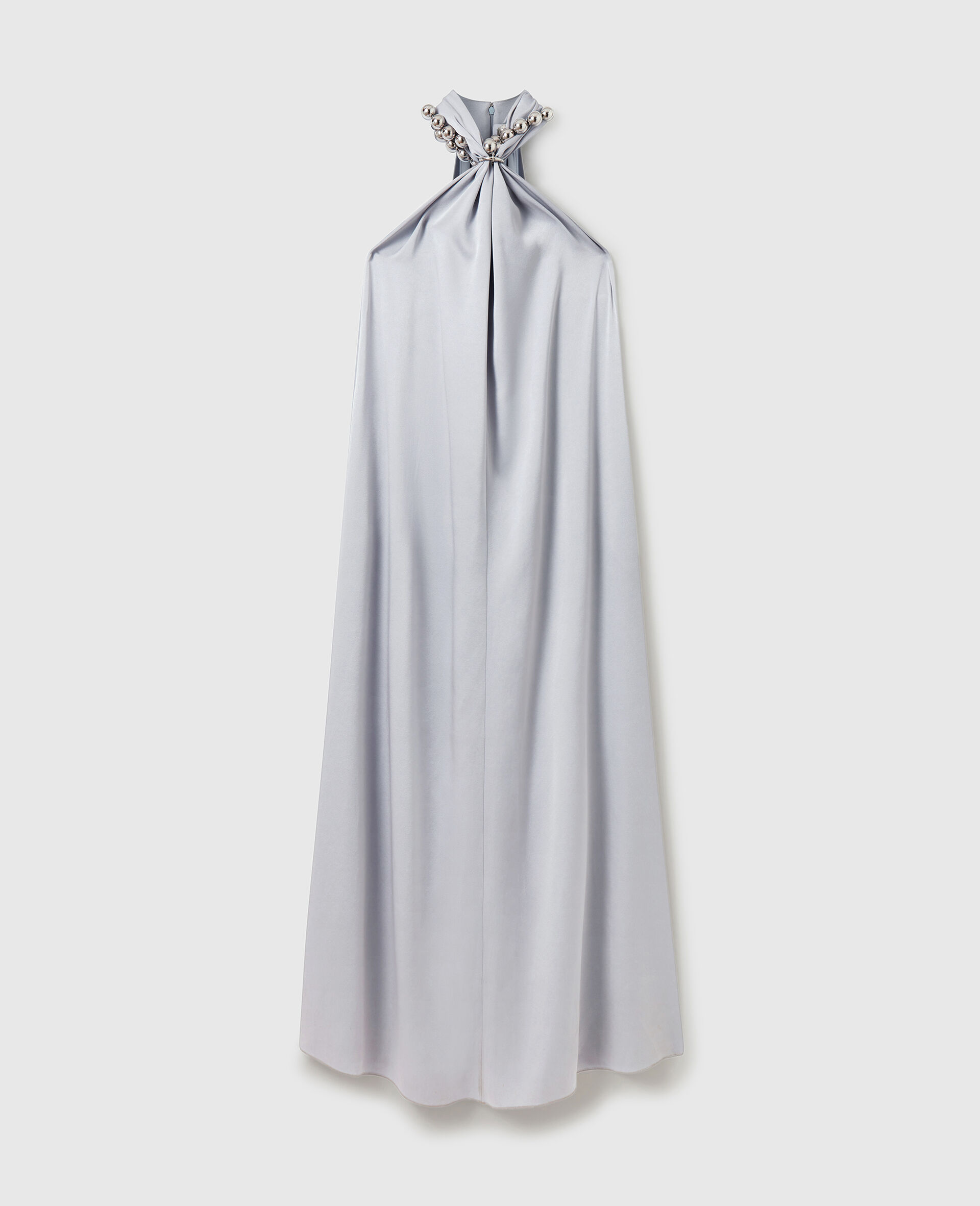 Maxikleid aus Satin mit Kugelkette und Neckholder-Blau-medium