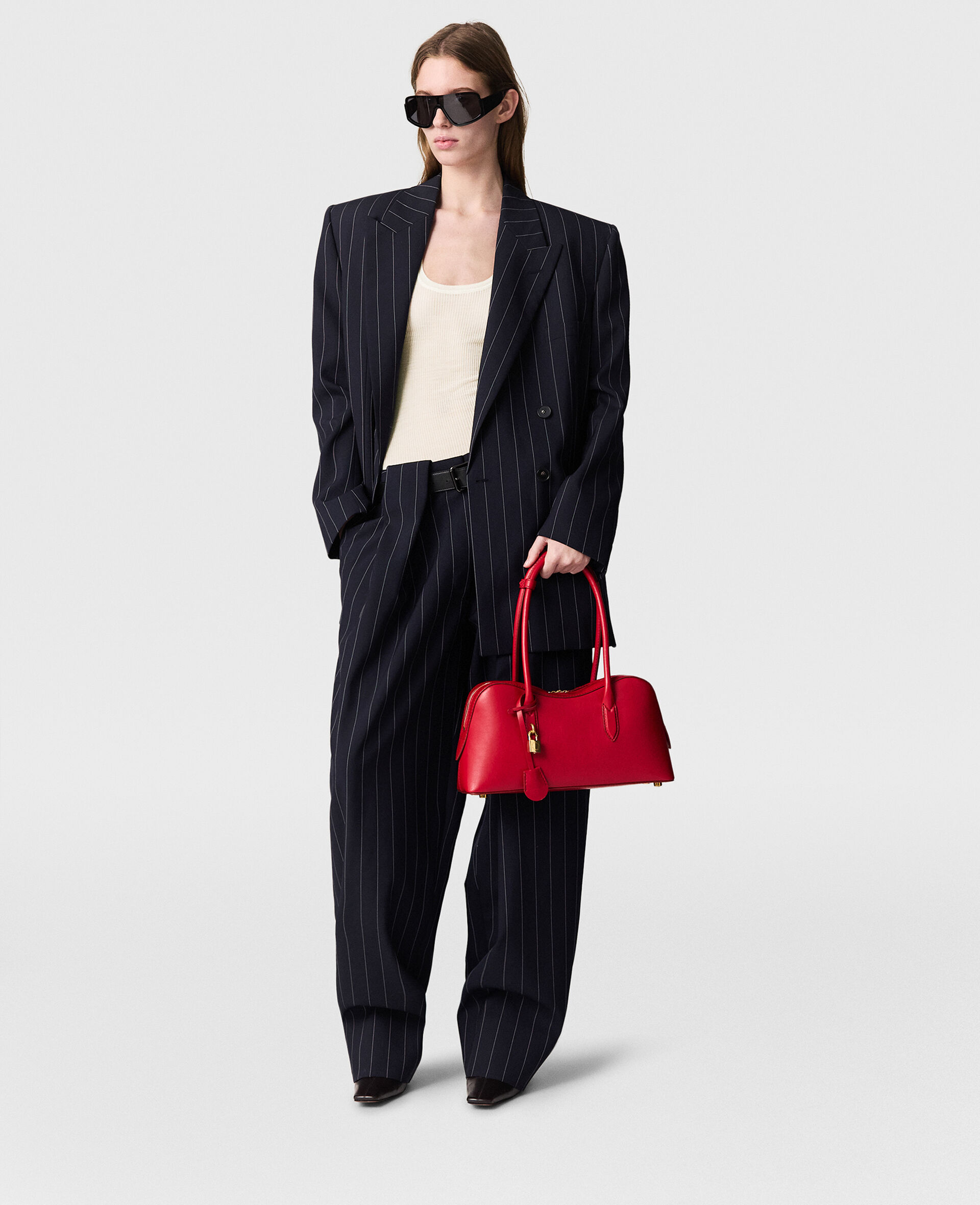 Slouchy Paneled Pinstripe Pants-Blue-model