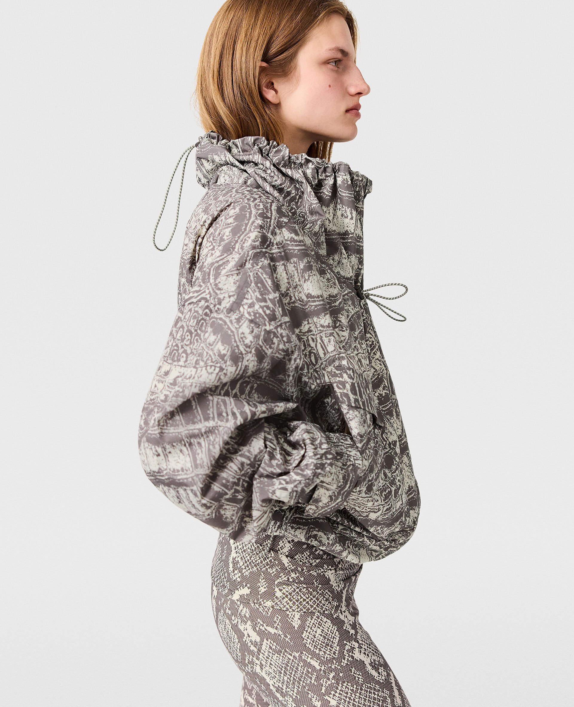 High-Neck Snake Print Hooded Jacket-Beige-large image number 2