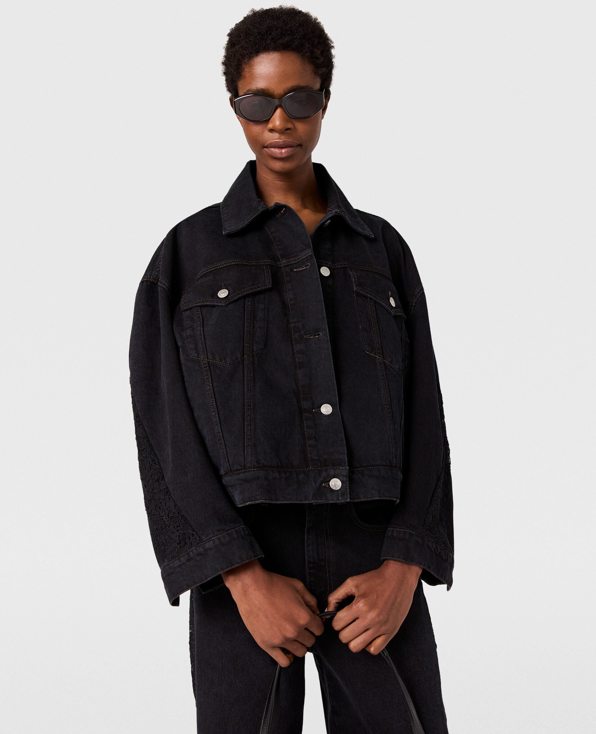Lace-Insert Panelled Denim Jacket-Black-medium