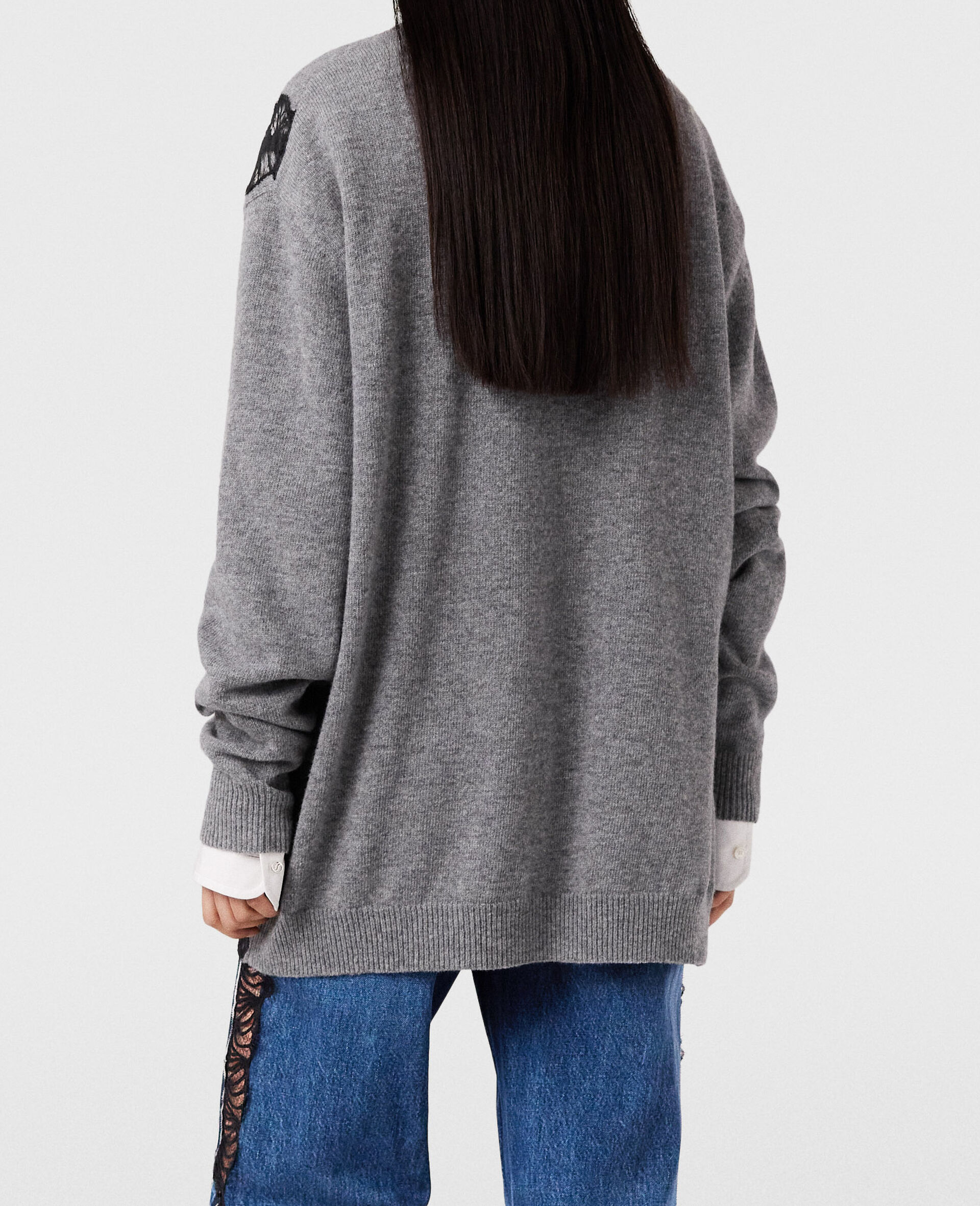 Lace Insert Long Sleeve Jumper-Grey-large image number 3