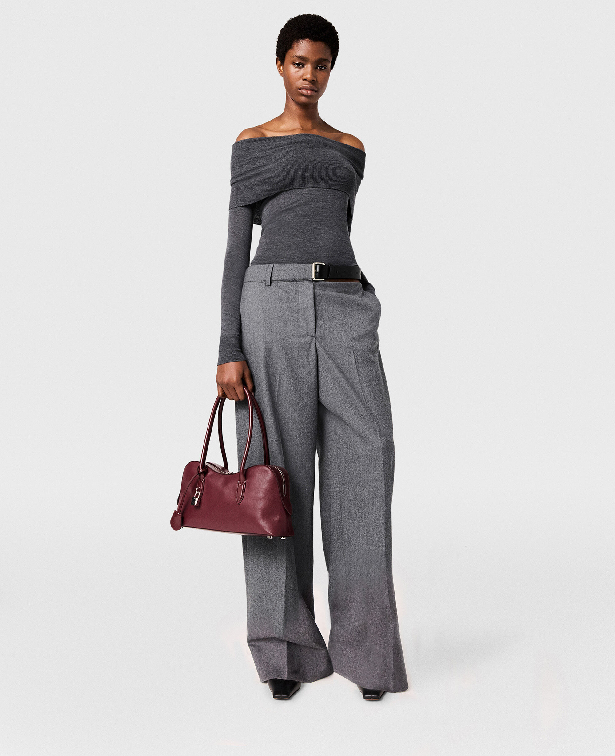 Women Dark grey melange Off-Shoulder Long-Sleeve Jumper