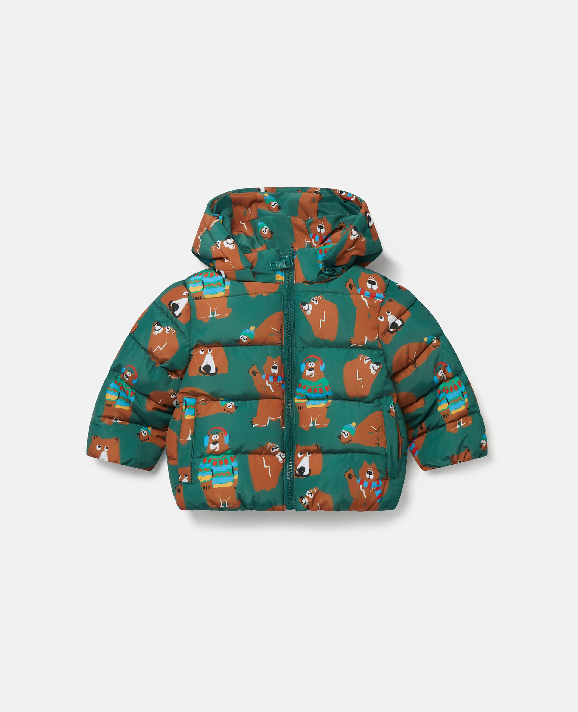 Bear Print Puffer Coat-Green-large image number 0