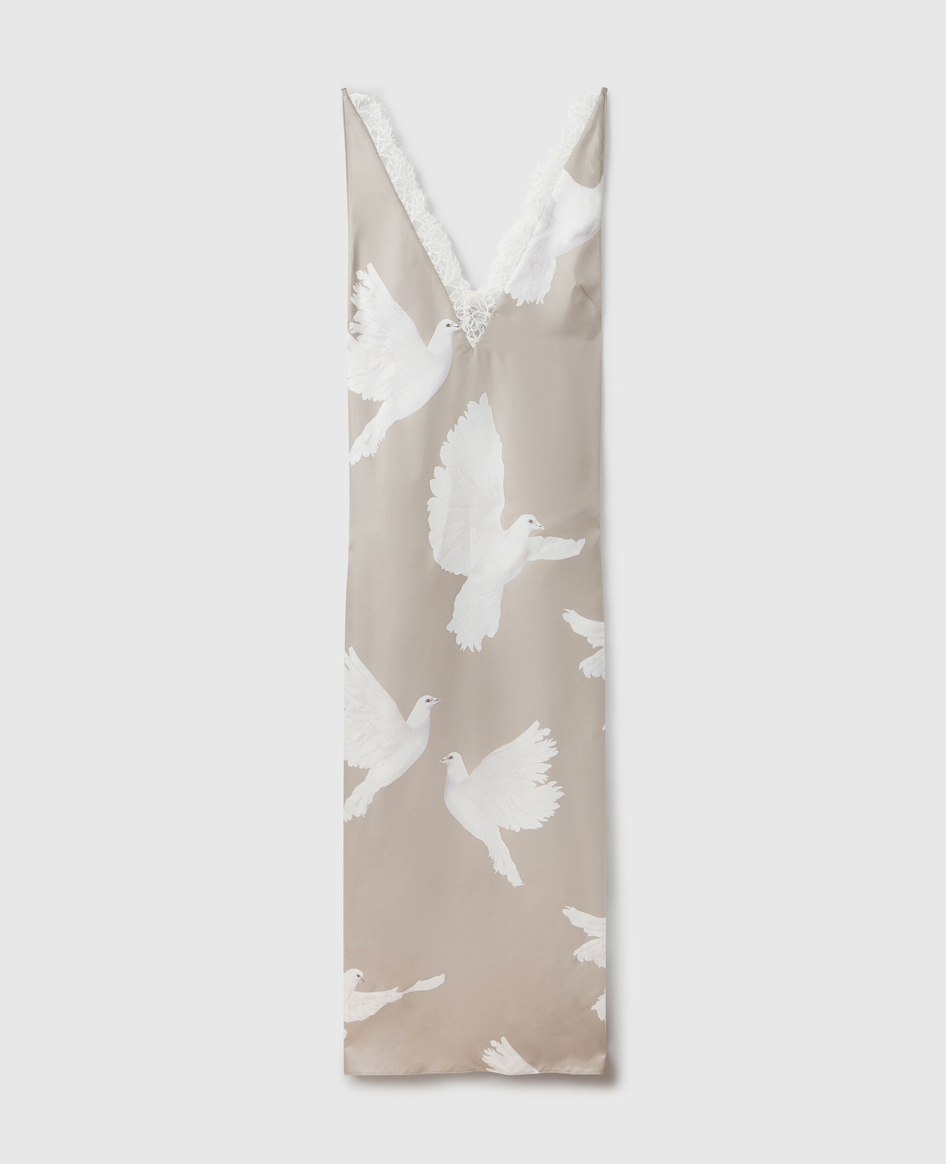 Sleeveless V-Neck Dove Print Midi Dress-Beige-large image number 0
