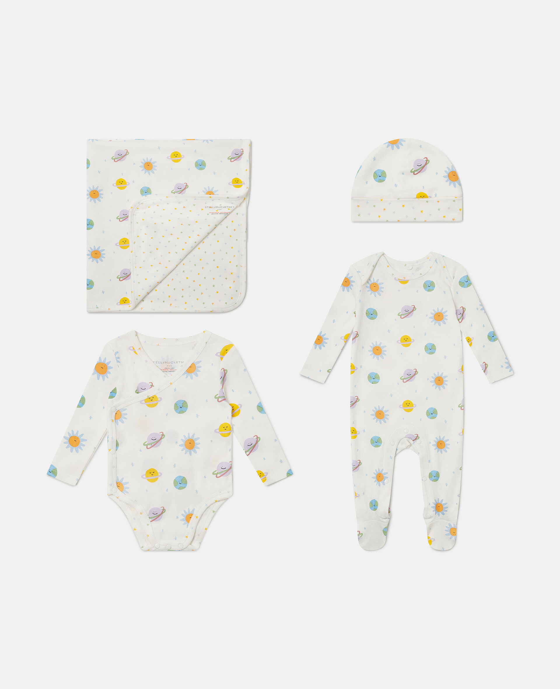 Planets Printed Romper, Hat and Blanket Set-White-medium