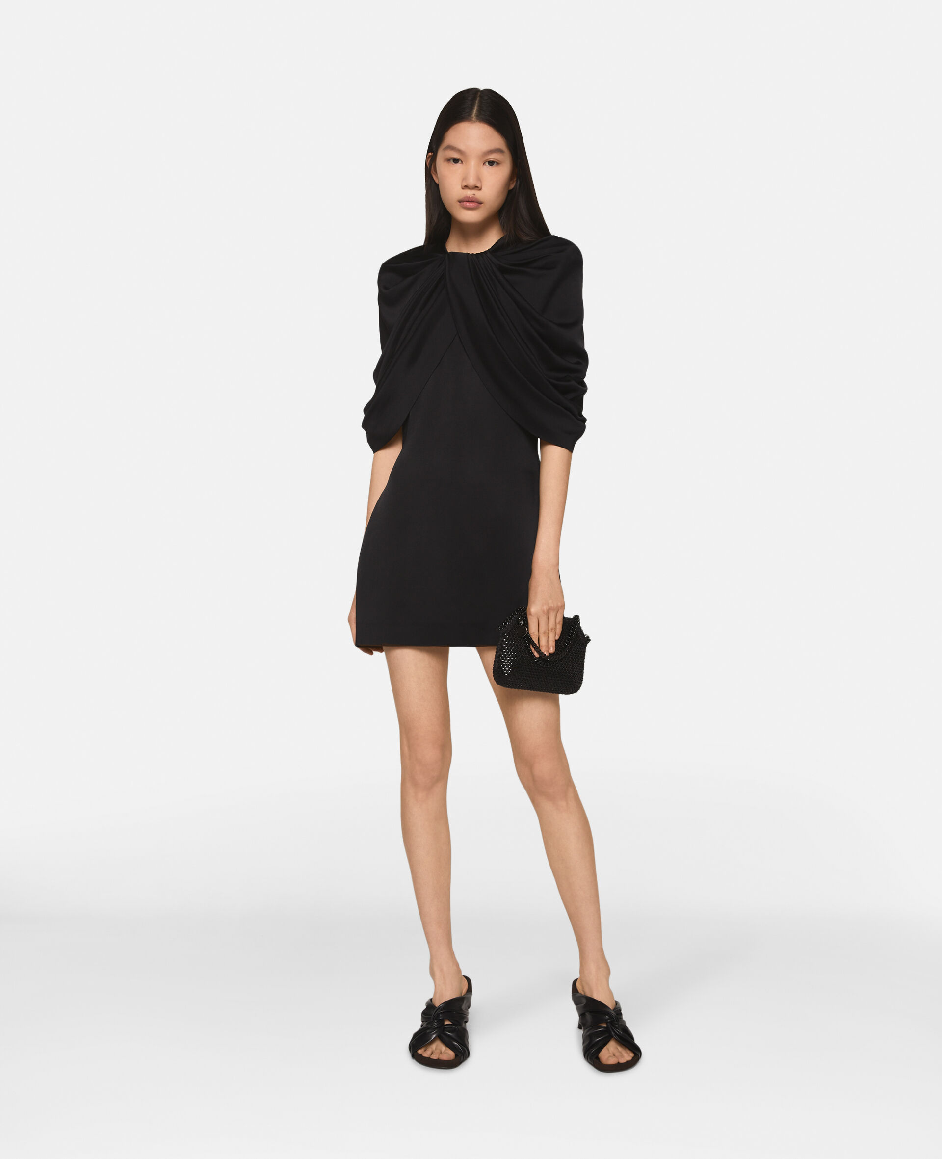 Draped Satin Mini Dress-Black-model