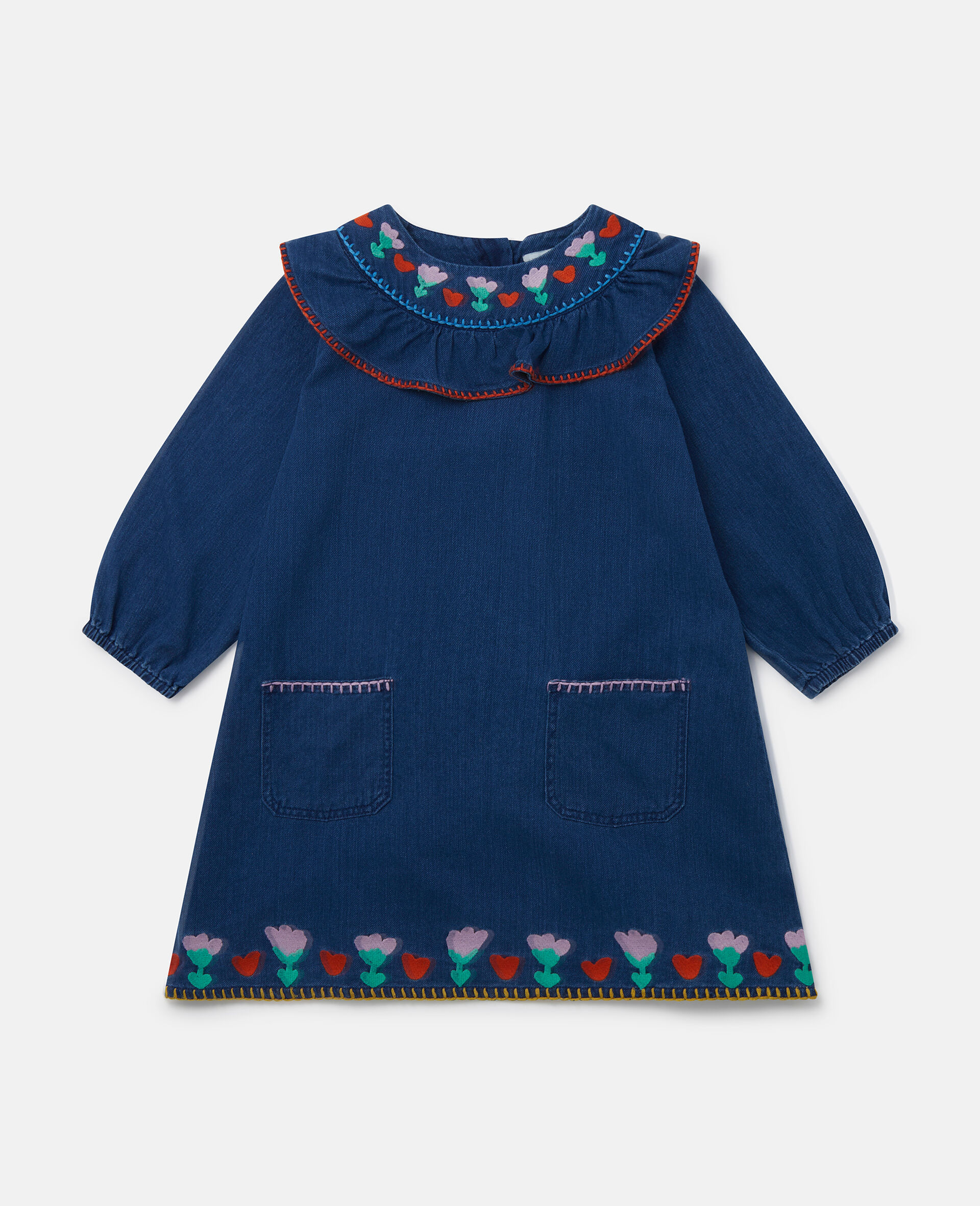 Folk Flower Embroidered Collared Dress-Blue-large image number 0