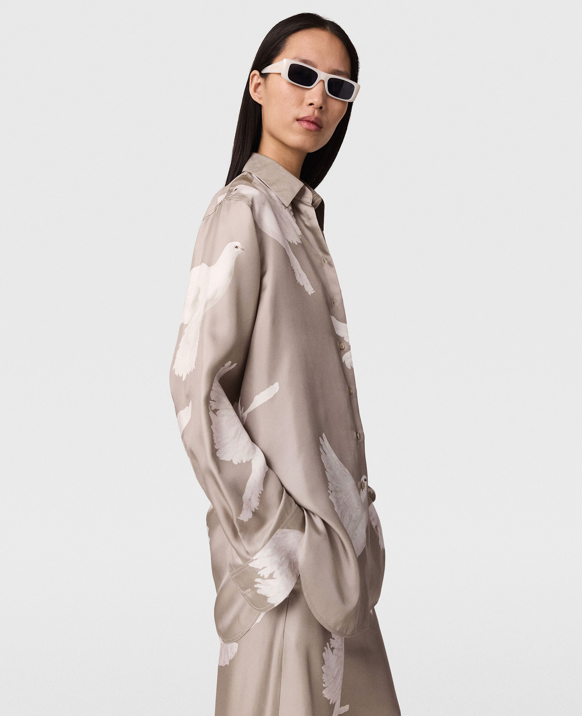 Oversized Dove Print Shirt-Beige-large image number 2