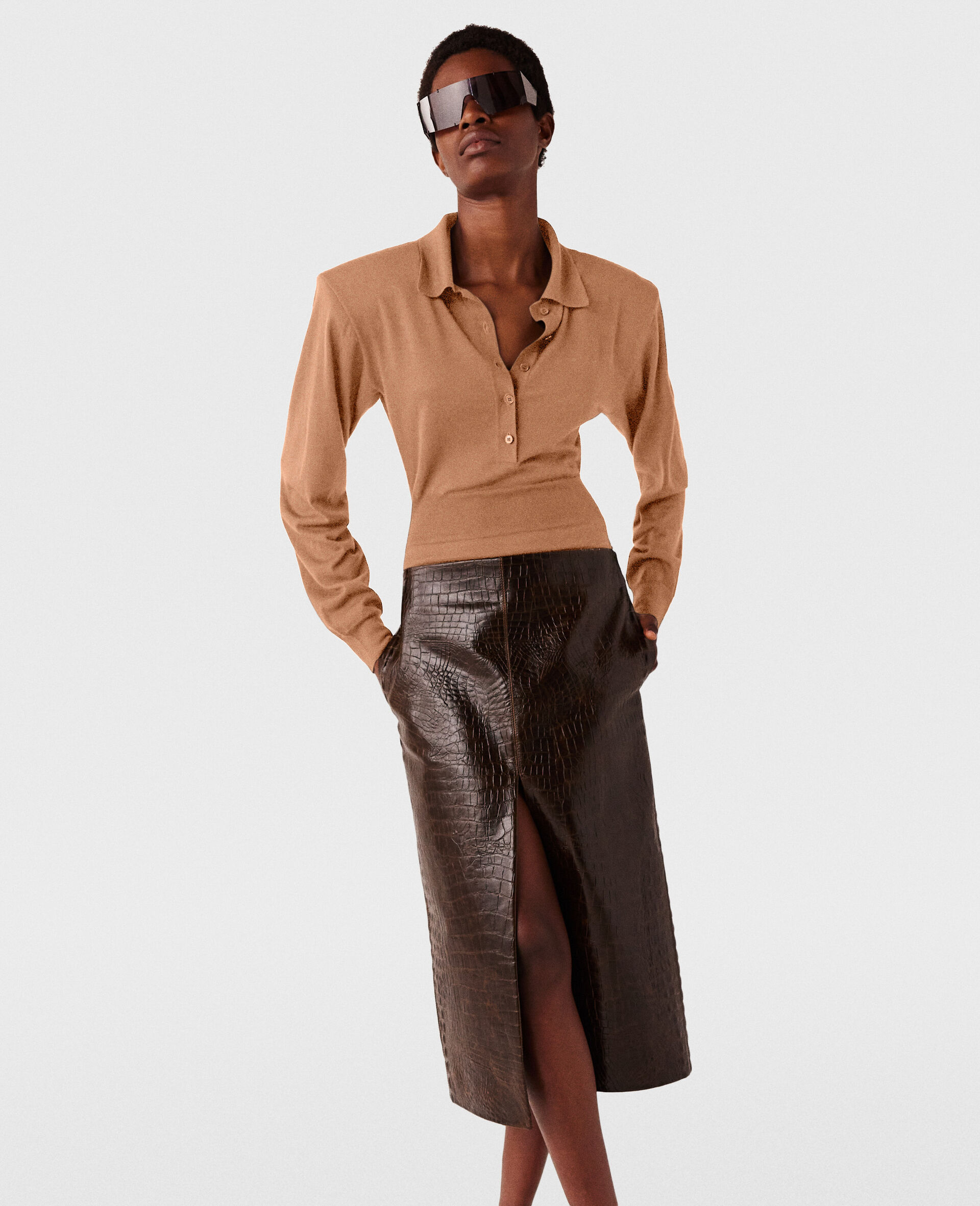 Crocodile Embossed Midi Skirt-Brown-large image number 1