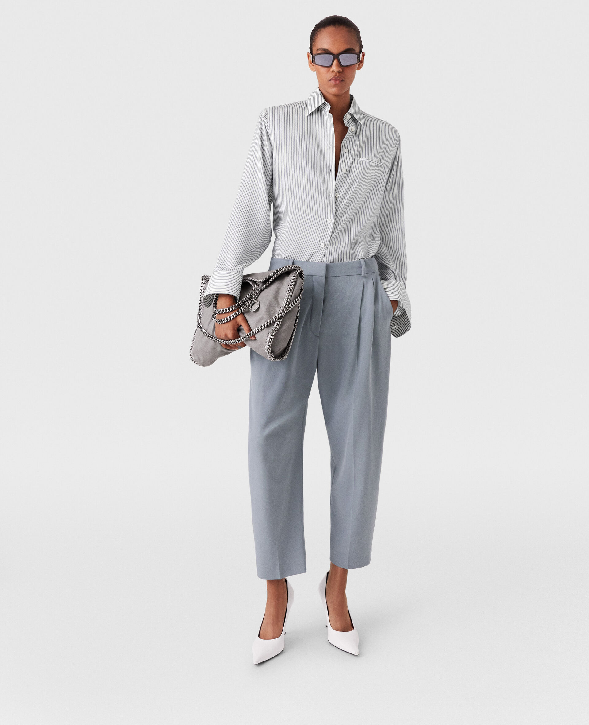 Pantaloni in Lana a Pieghe con Vita Alta-Grigio-model